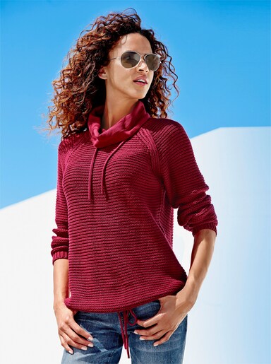 Rollkragenpullover mit Tunnelzug und Bindeband - himbeerrot