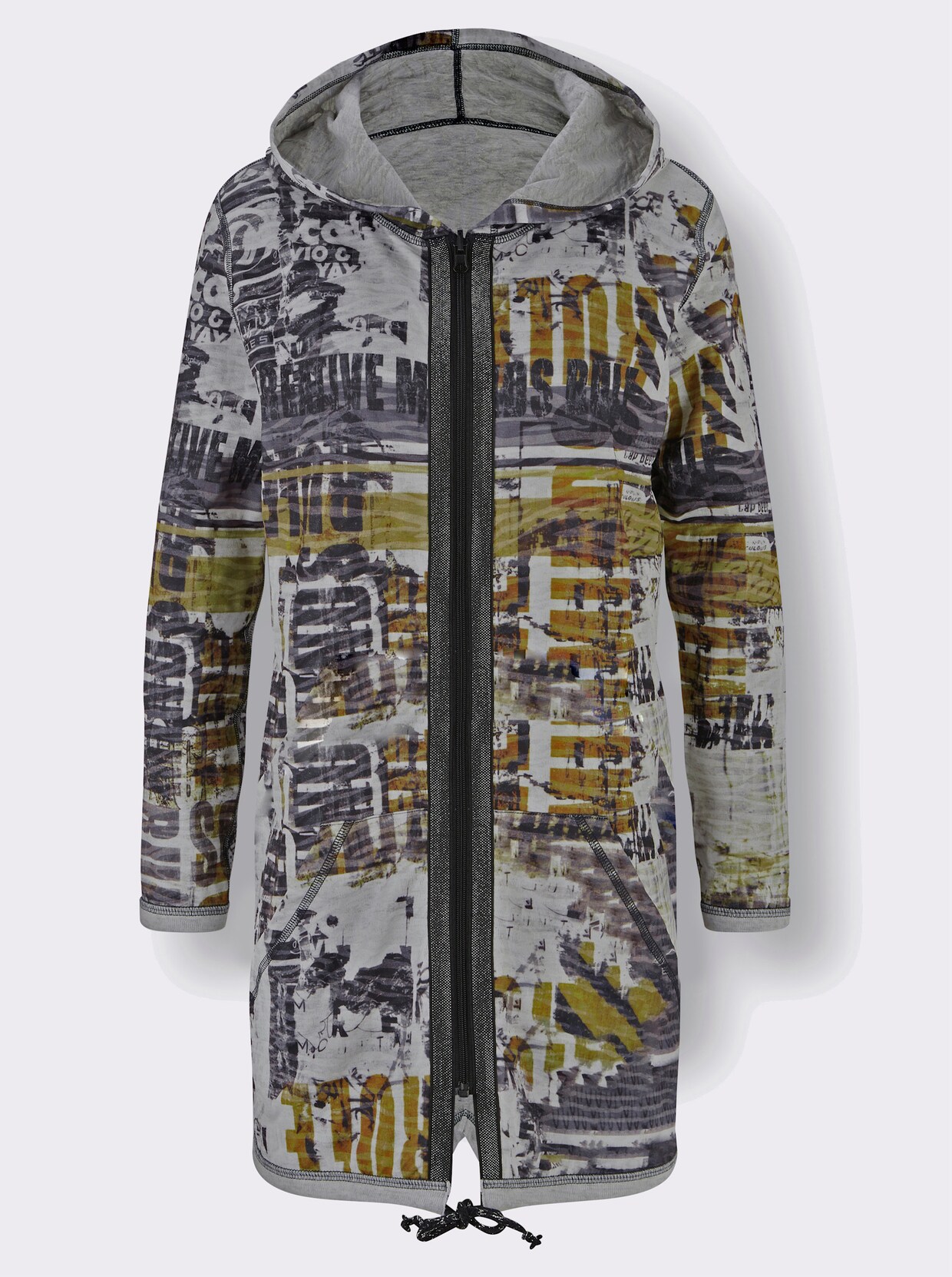 Strickjacke - hellgrau-ocker-bedruckt