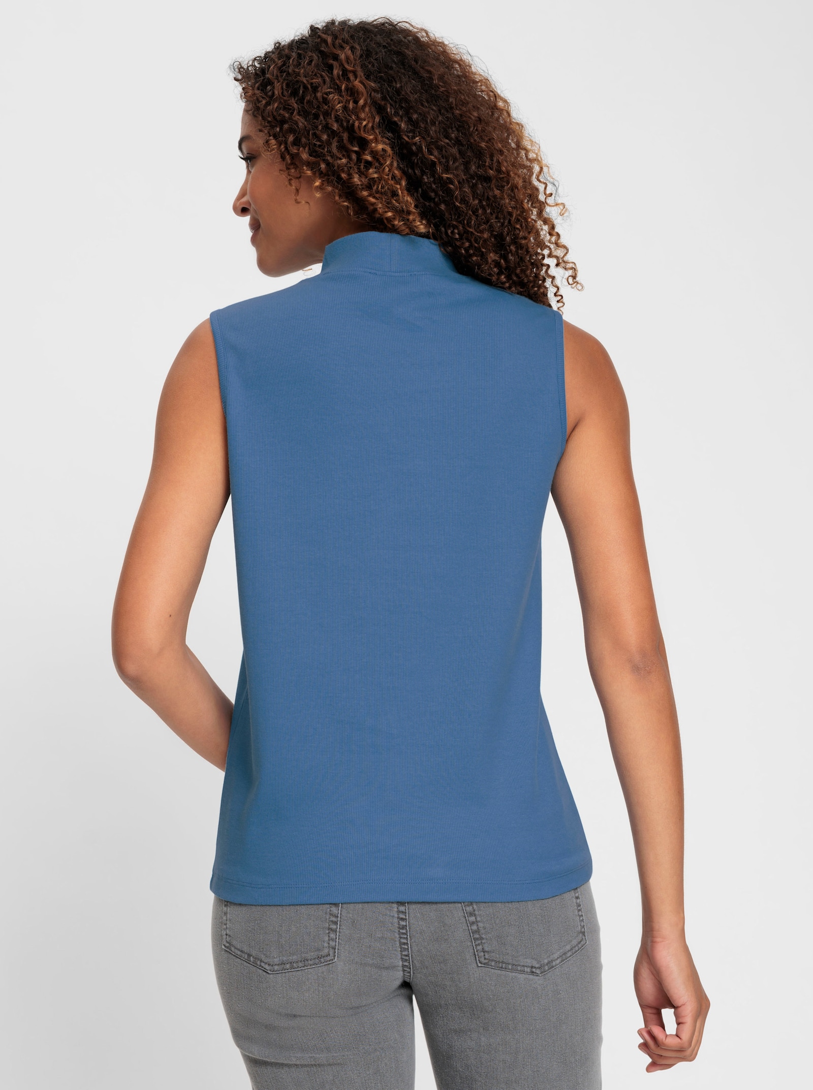 Shirttop mit Stehkragen, pflegeleicht - mittelblau