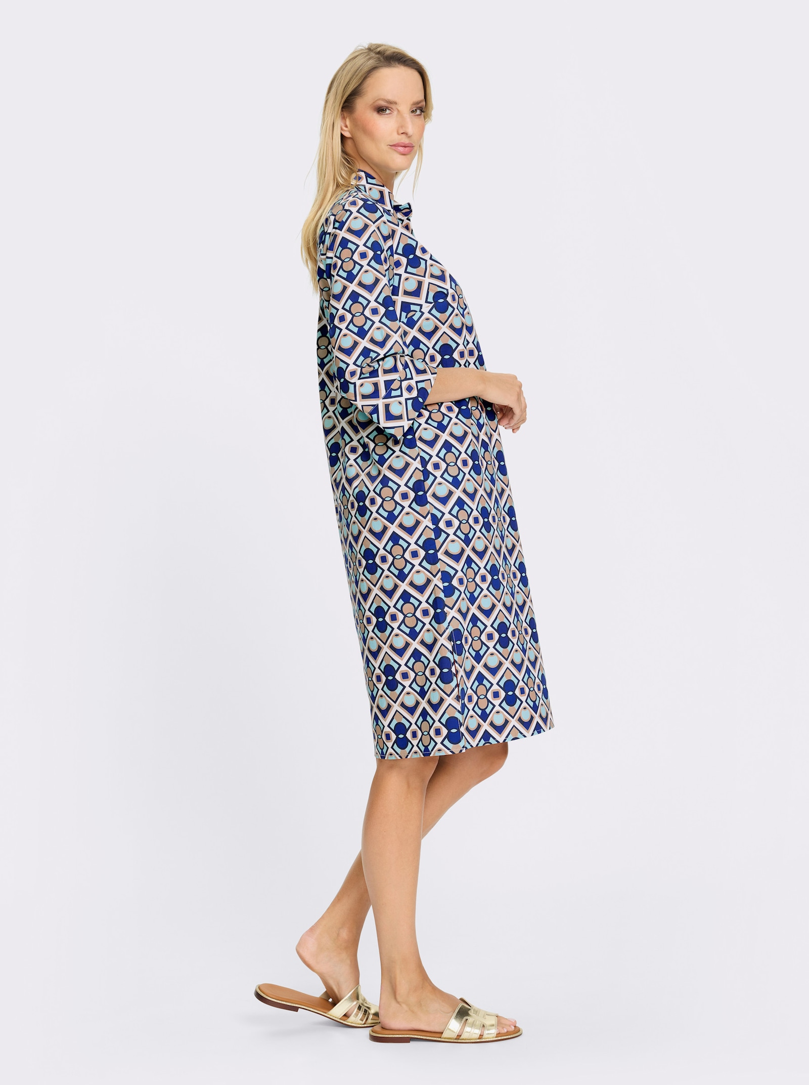 heine Druckkleid mit kurzer Knopfleiste - weiss-royalblau-bedruckt