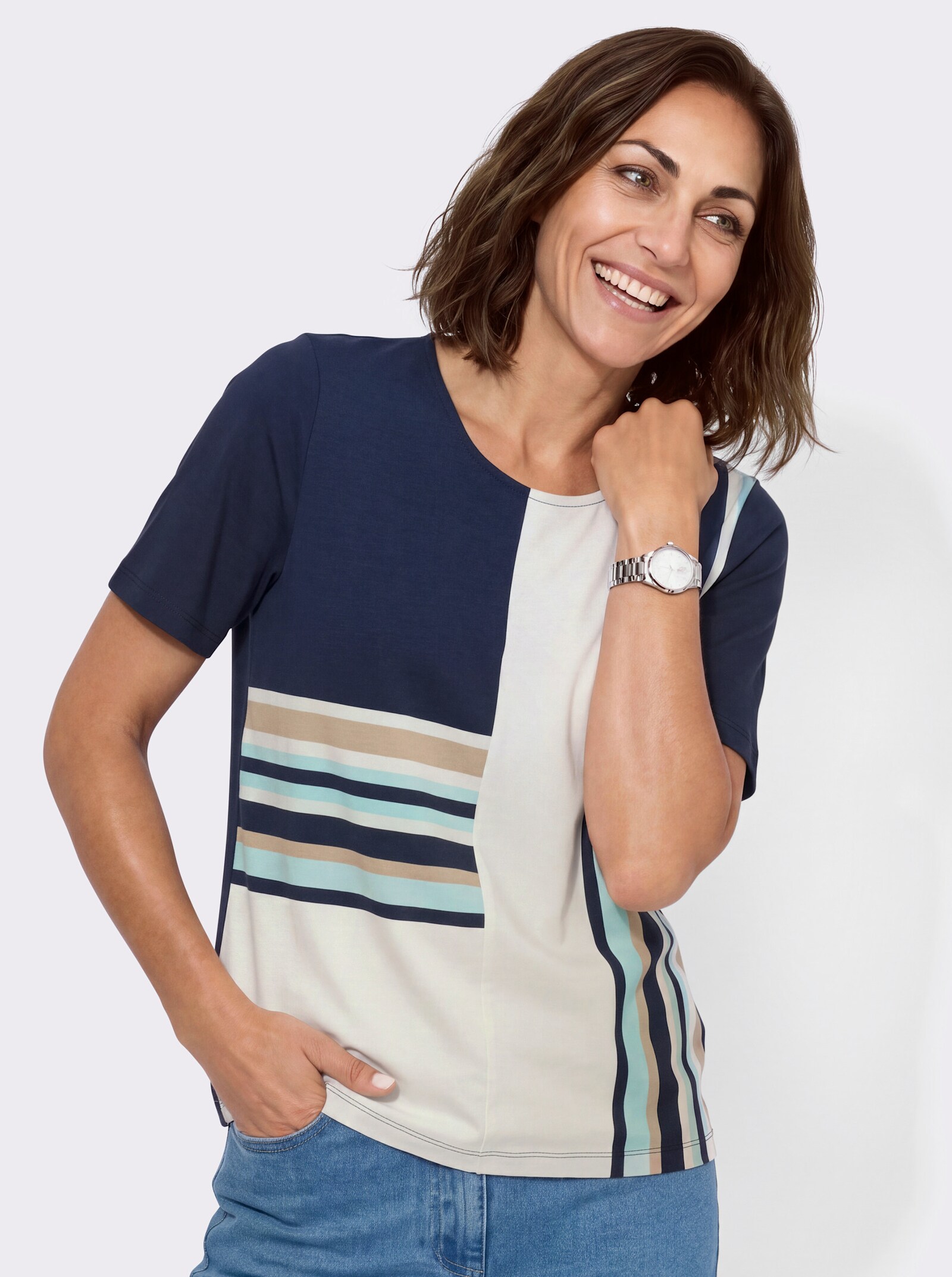 Rundhalsshirt im Grafikmuster - marine-mint-gemustert