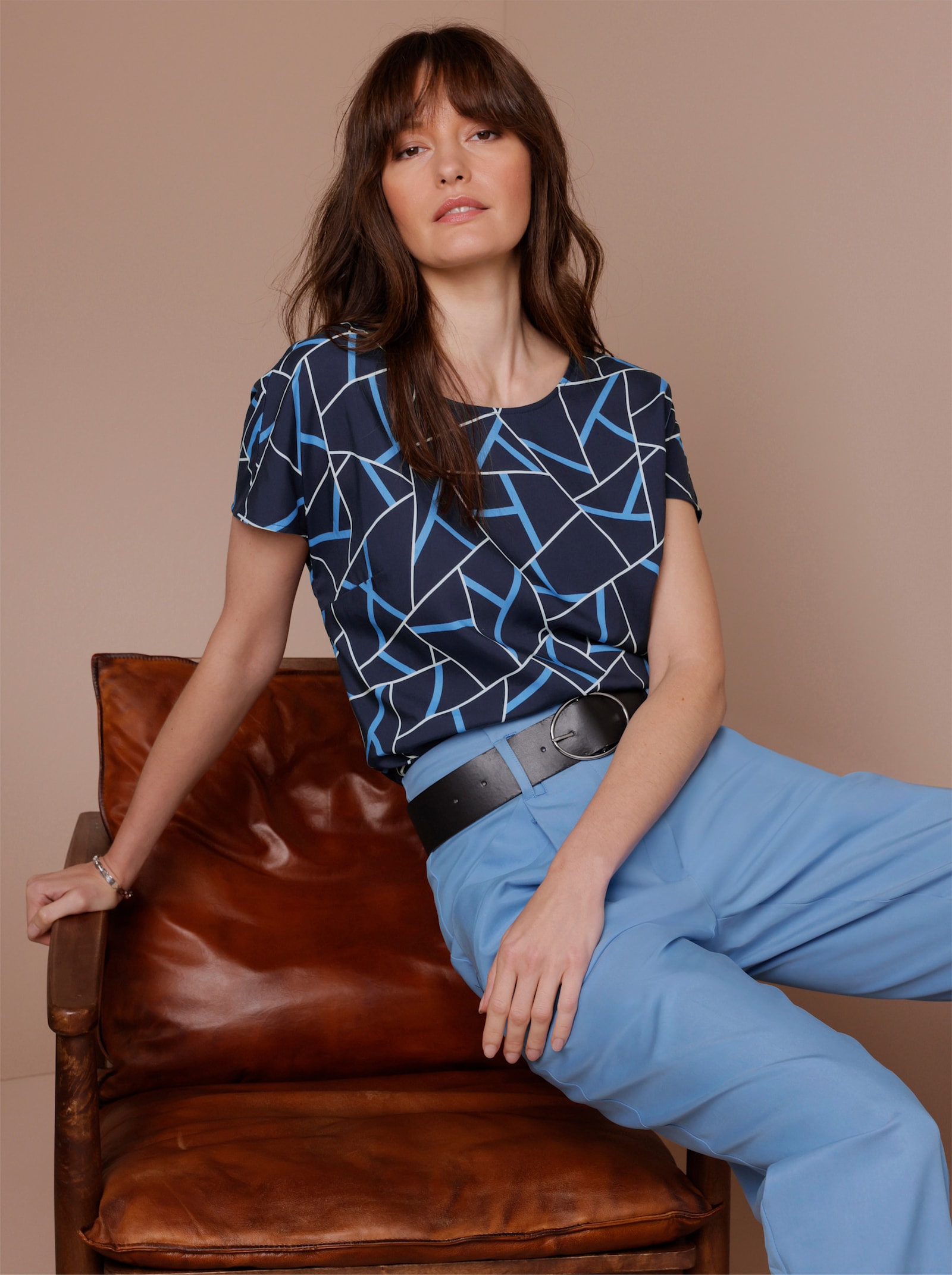 CREATION L PREMIUM Schlupfbluse Mit Schlingen-Knopfverschluss - marine-himmelblau-bedruckt