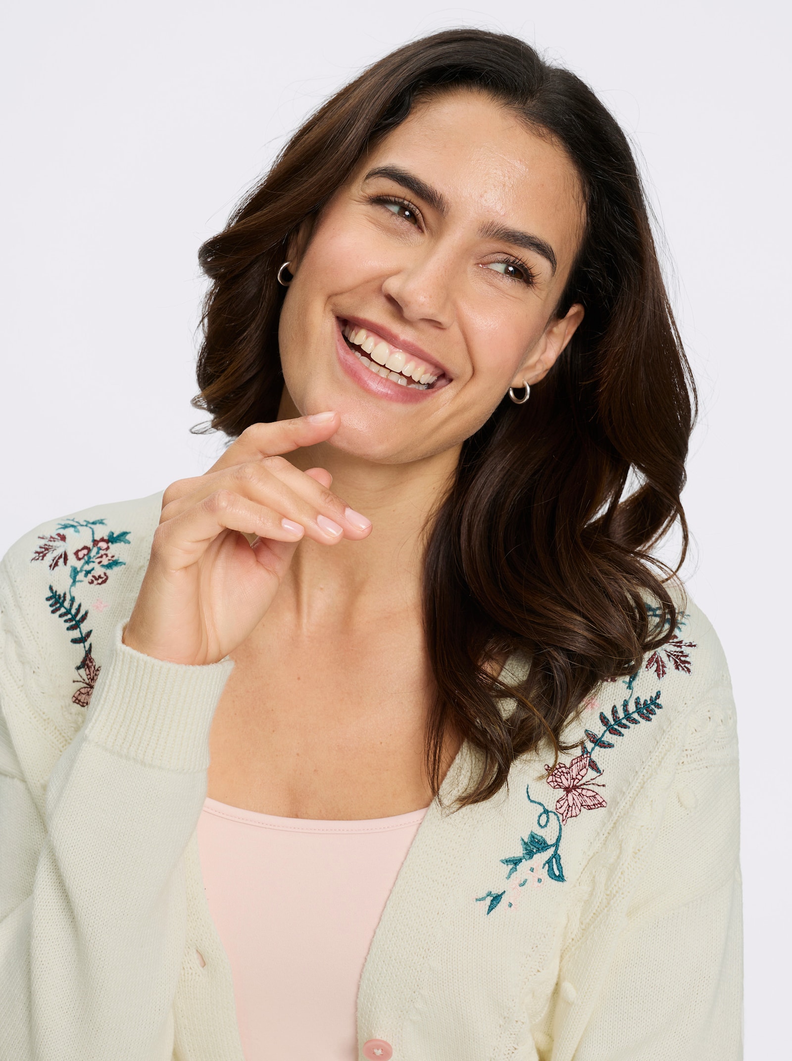 Strickjacke mit Ajour-Strick - champagner-burgund-gemustert