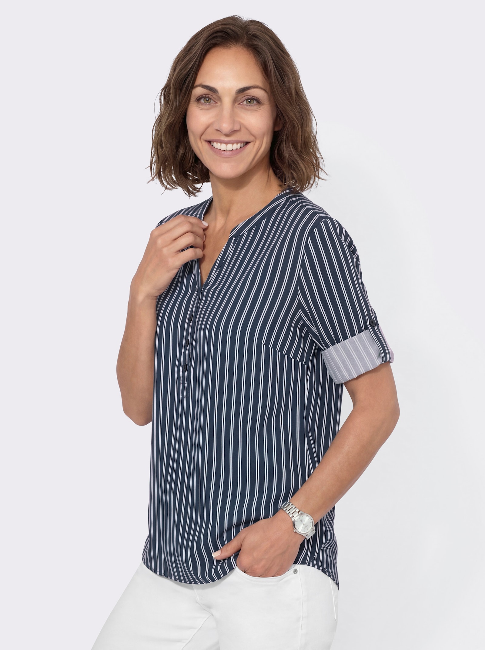 Gestreifte Bluse mit hinten abgerundetem Saum - dunkelblau-ecru-gestreift