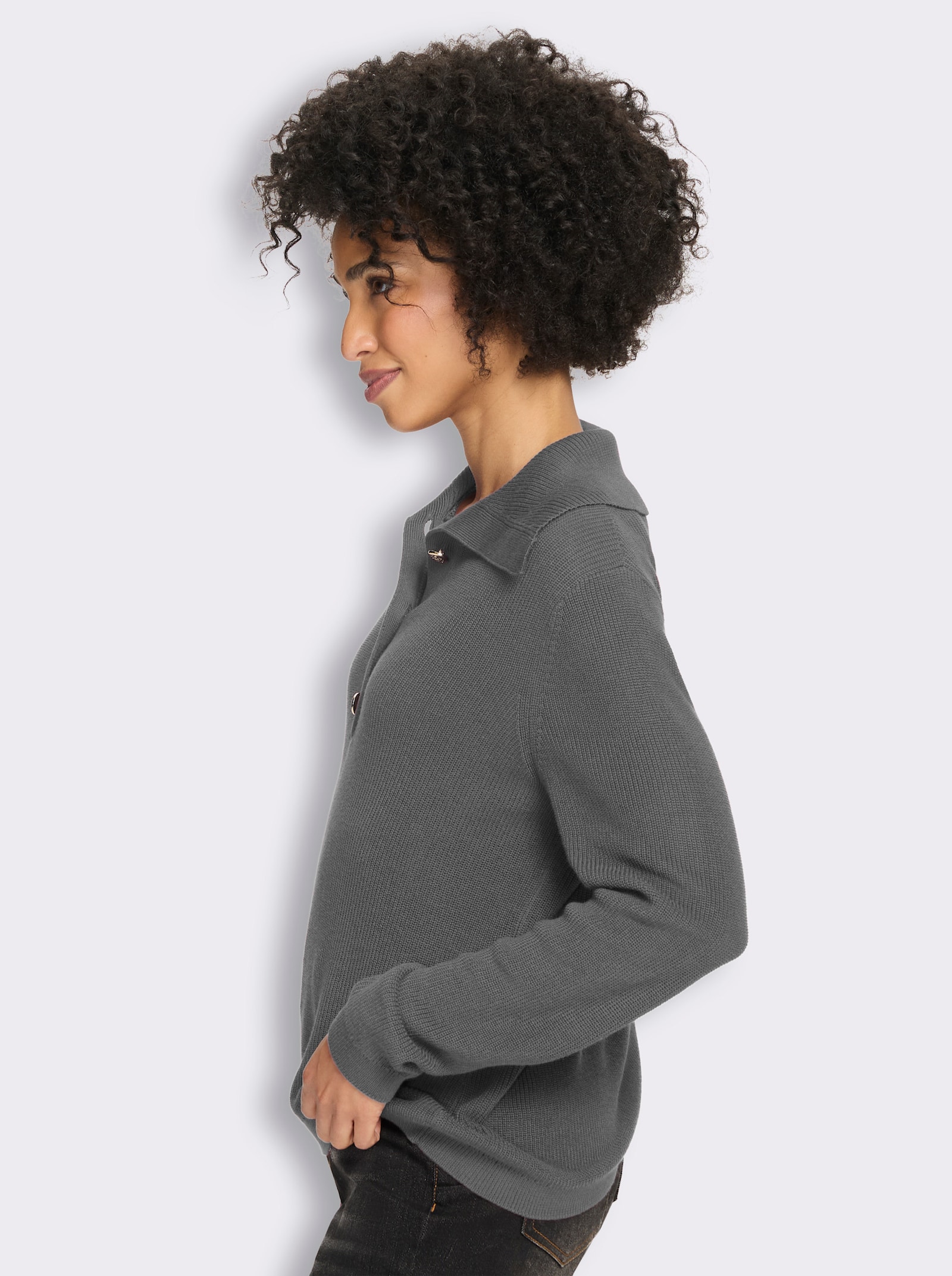 heine Langarm-Pullover mit Umlegekragen - grau-meliert