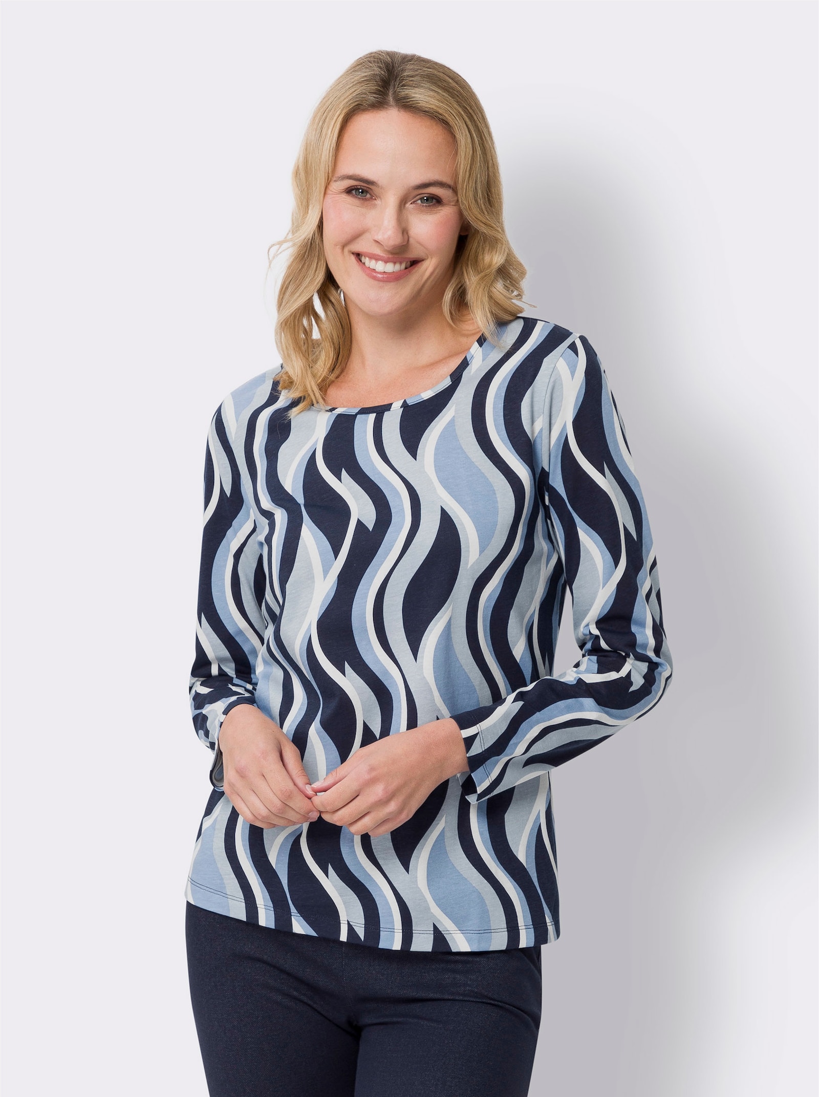 Langarmshirt mit Wellen-Muster - ecru-himmelblau-bedruckt