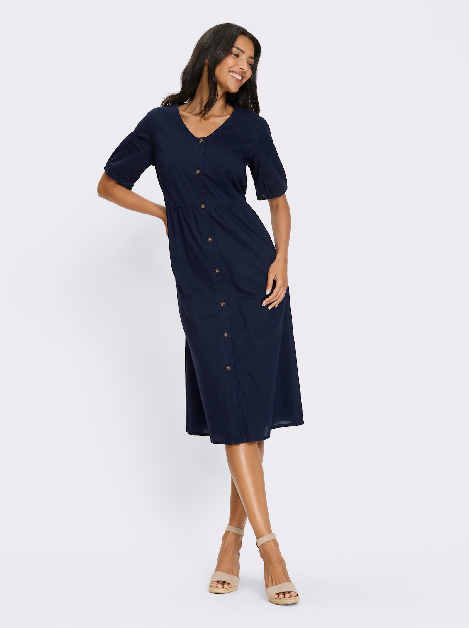 Katoenen jurk met doorknoopsluiting - donkerblauw