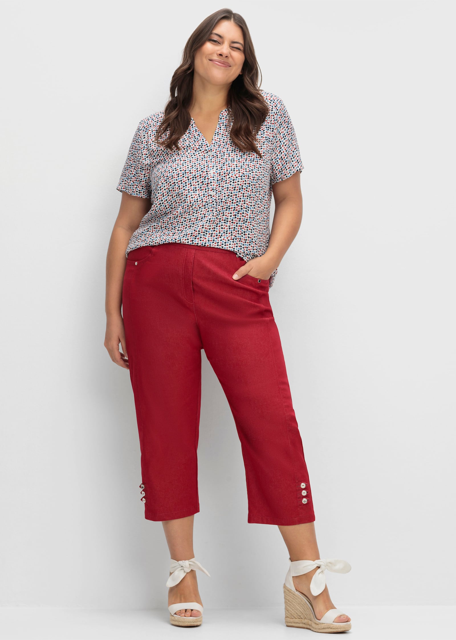 Druckbluse mit Raffung an den Schultern - ecru-erdbeere-bedruckt