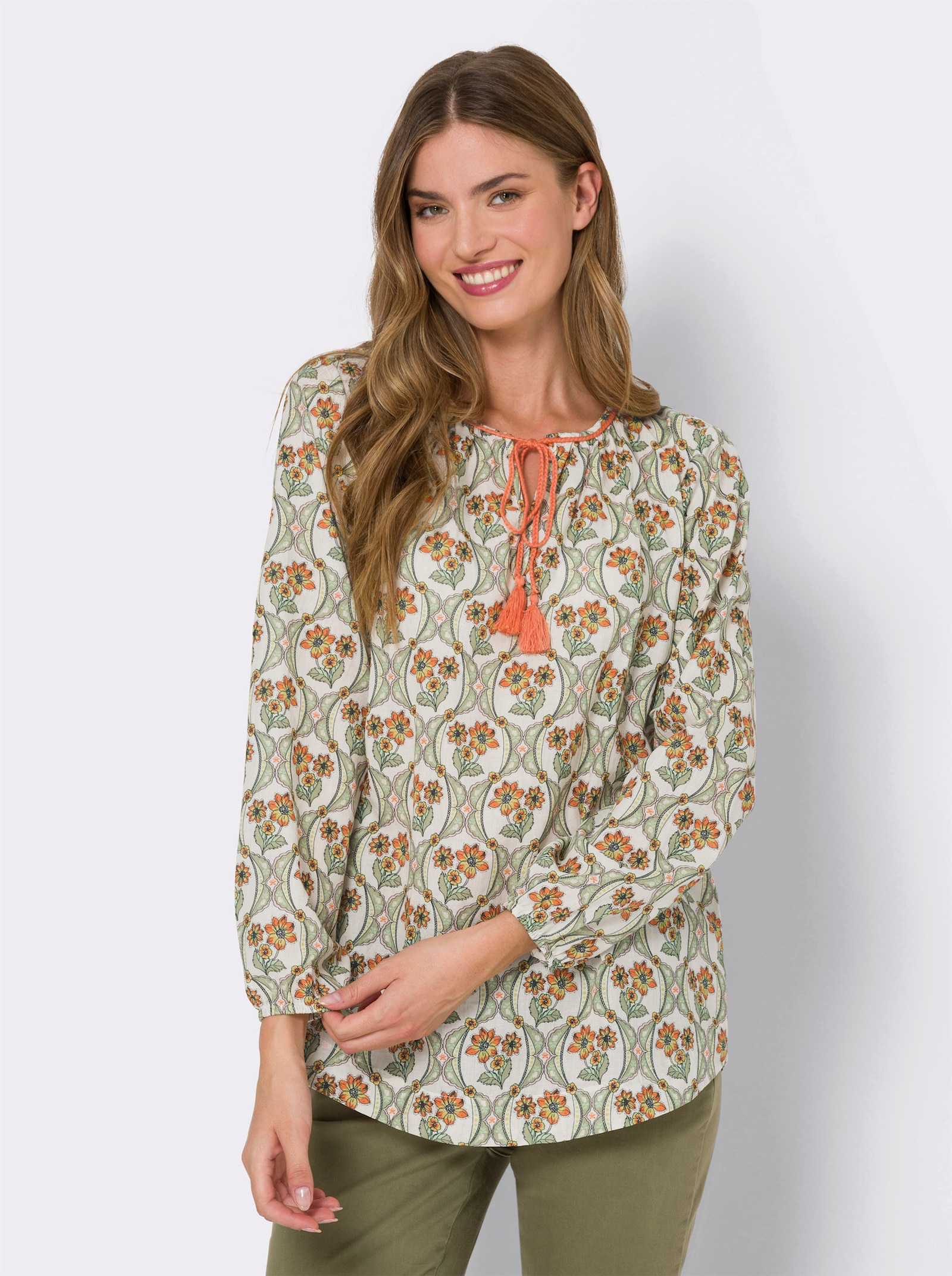 heine Baumwollbluse mit geflochtenen Bändern - champagner-orange-bedruckt