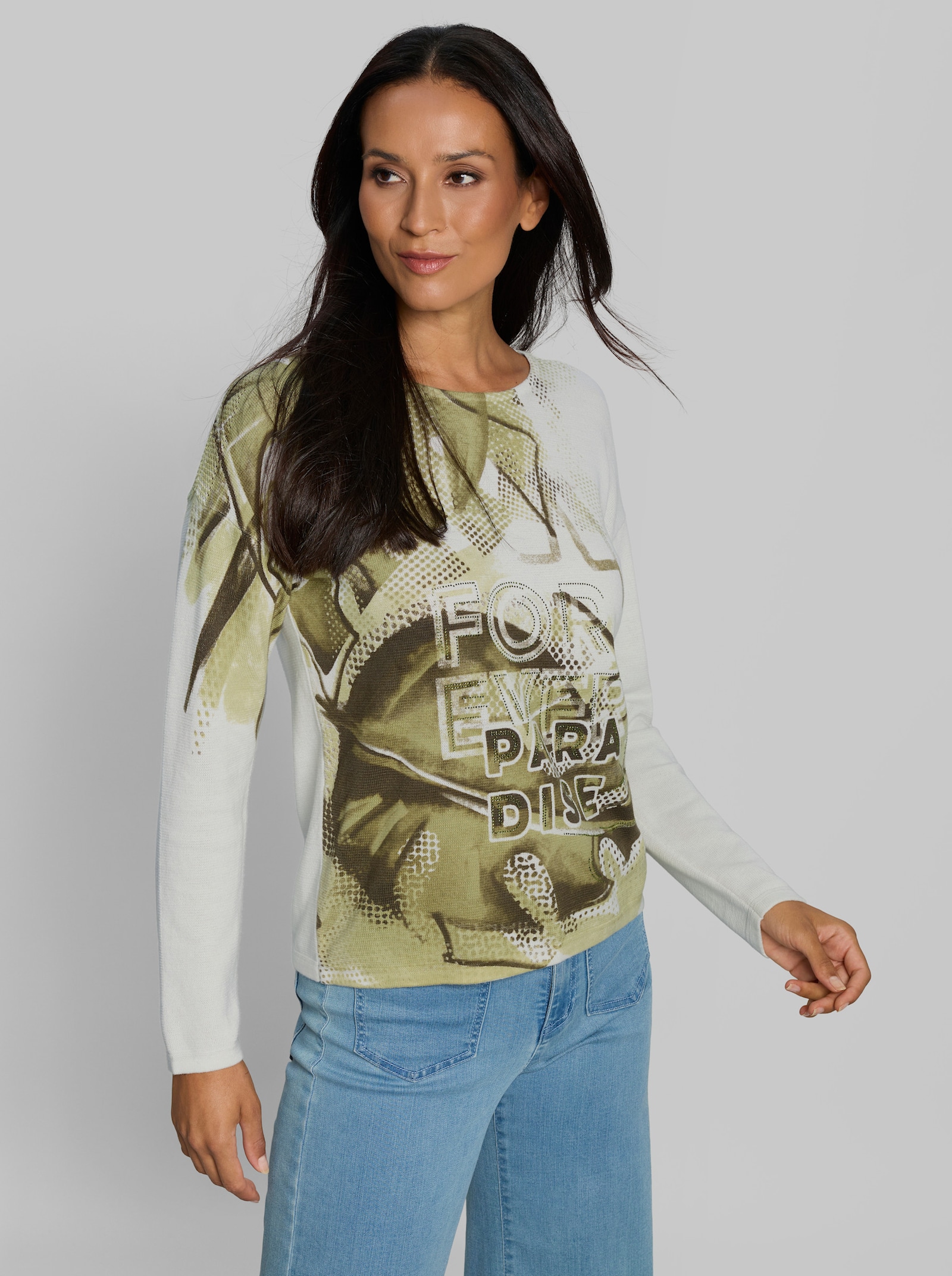 heine Baumwollpullover mit Blätterprint - ecru-khaki-bedruckt