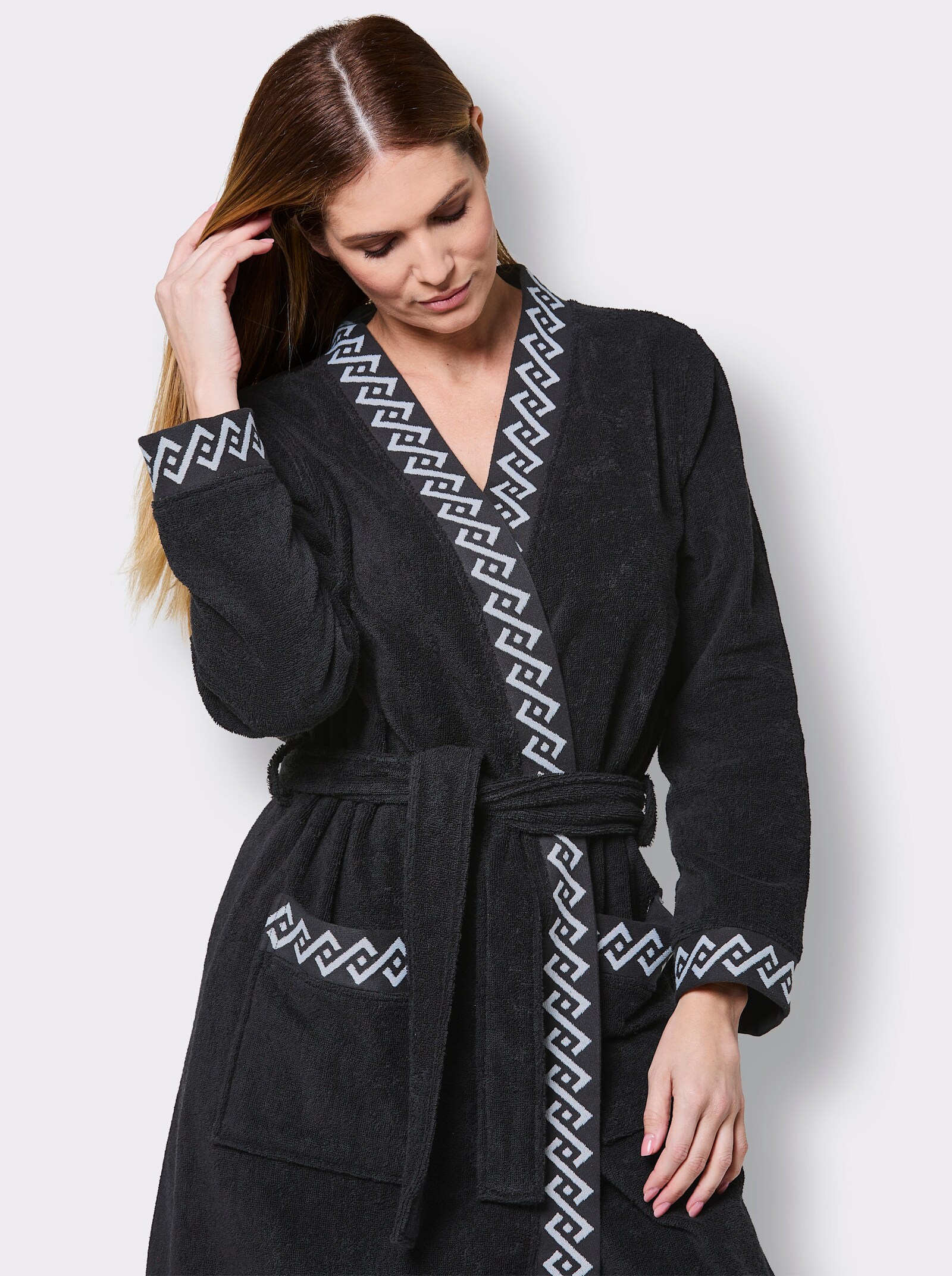 feel good Damenbademantel mit Webblende - schwarz-weiß