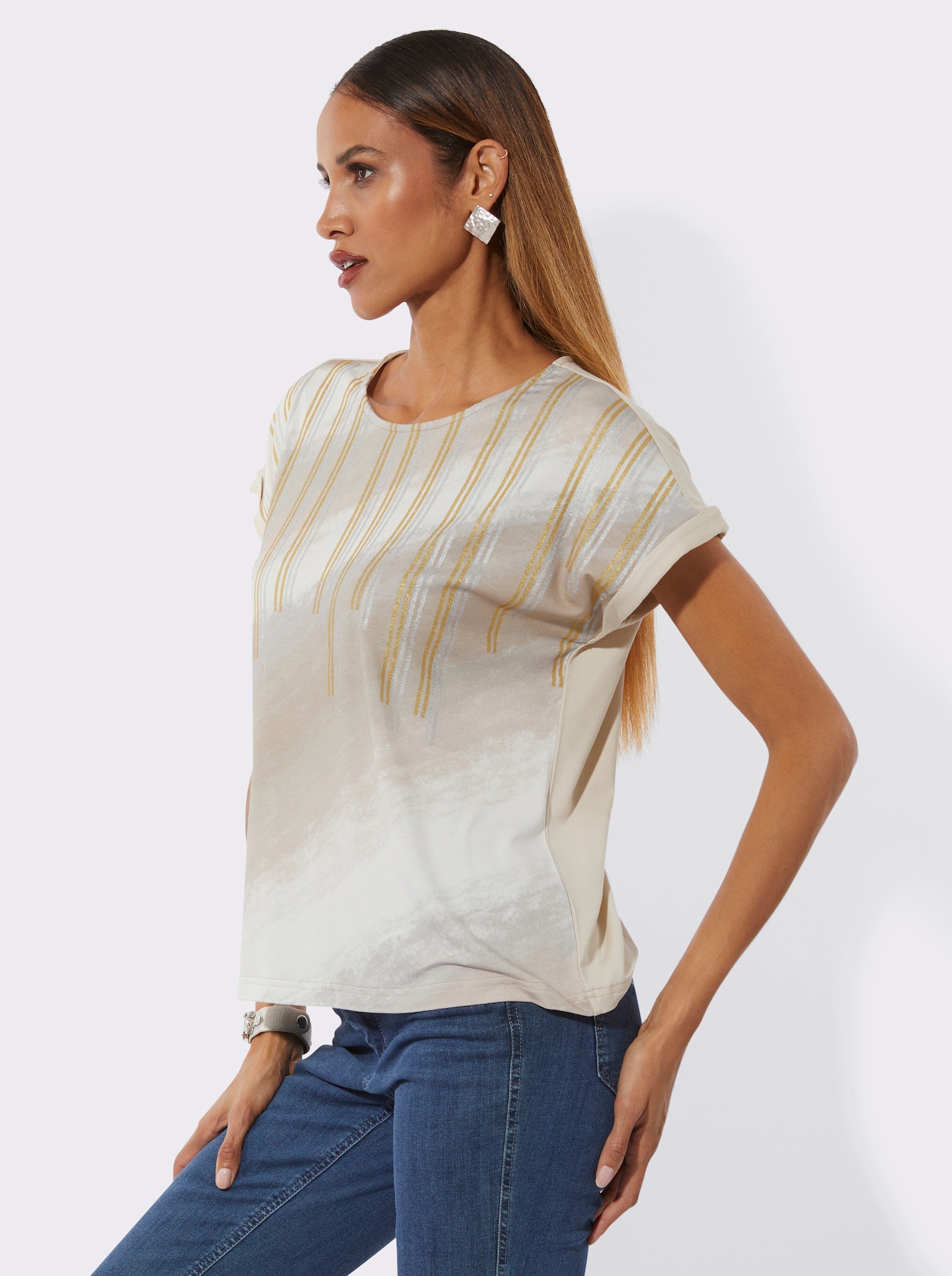 Rundhalsshirt , hinten einfarbig - sand-ecru-bedruckt