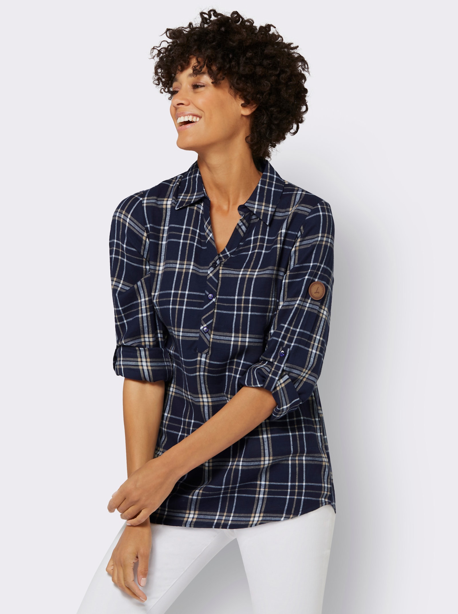 Flanellbluse mit krempelbaren Ärmeln - marine-weiß-kariert