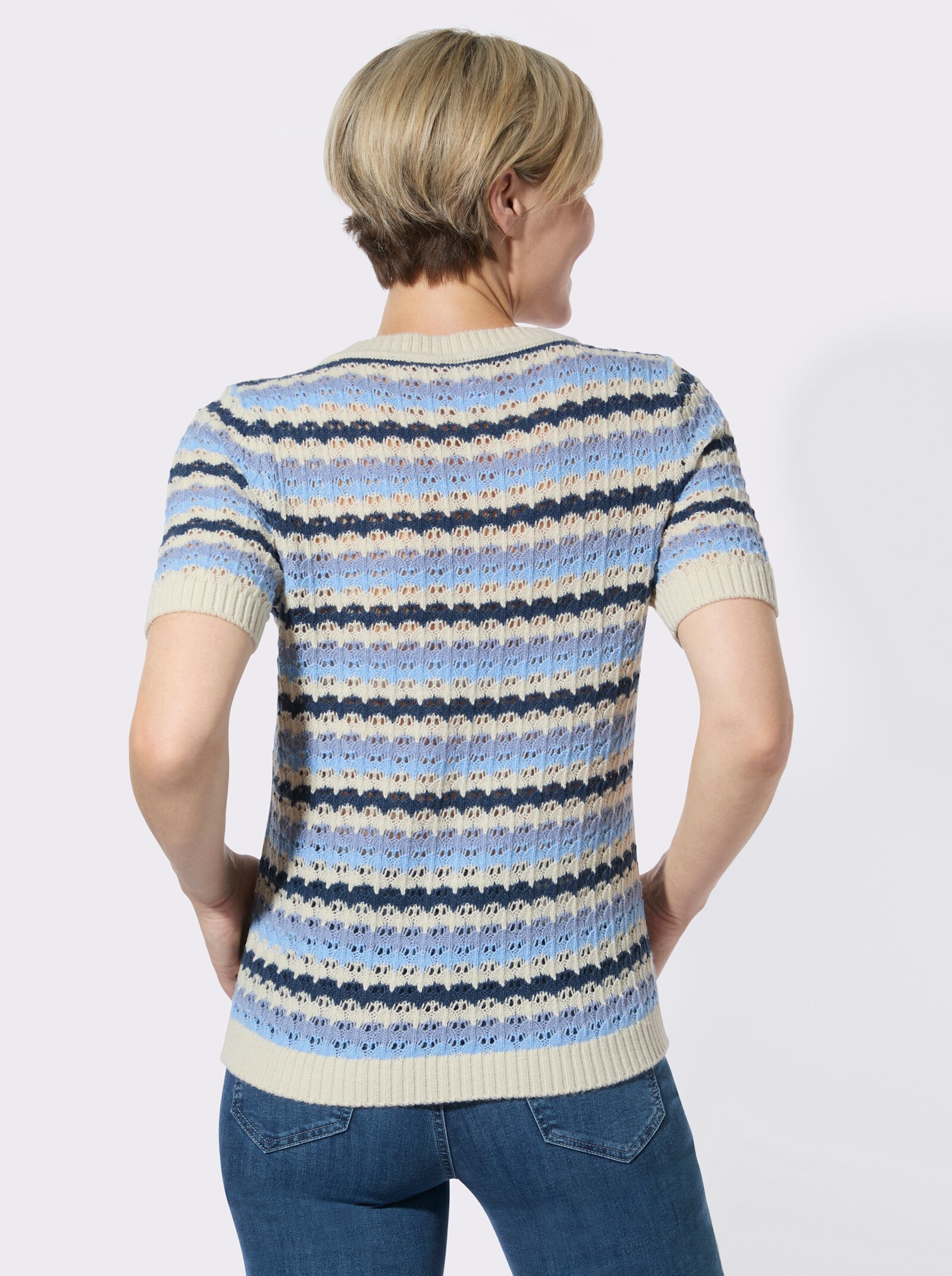 Ajourpullover mit Ringel-Muster - sand-dunkelblau-geringelt