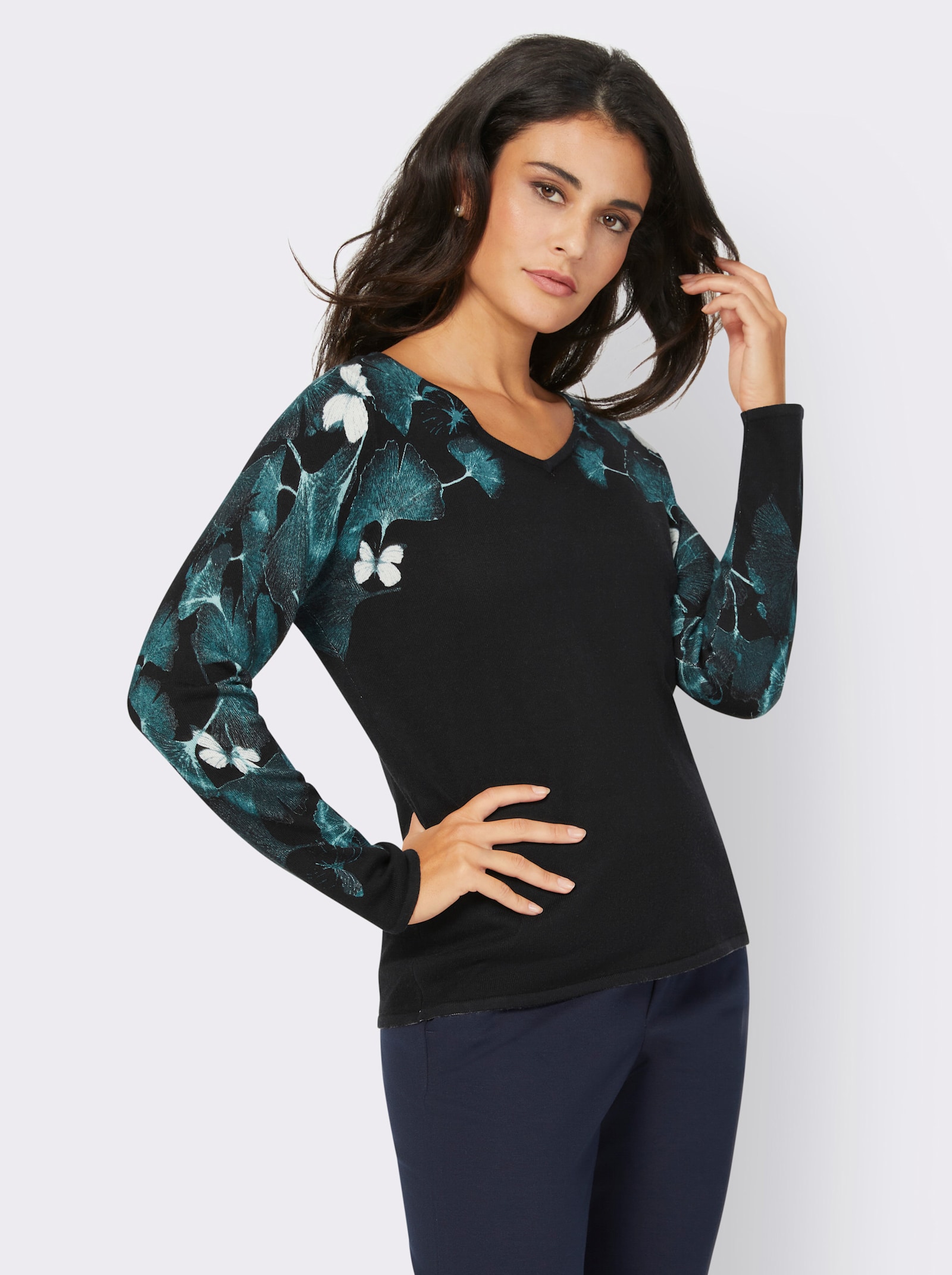 Feinstrickpullover mit platziertem Druck - schwarz-petrol-bedruckt