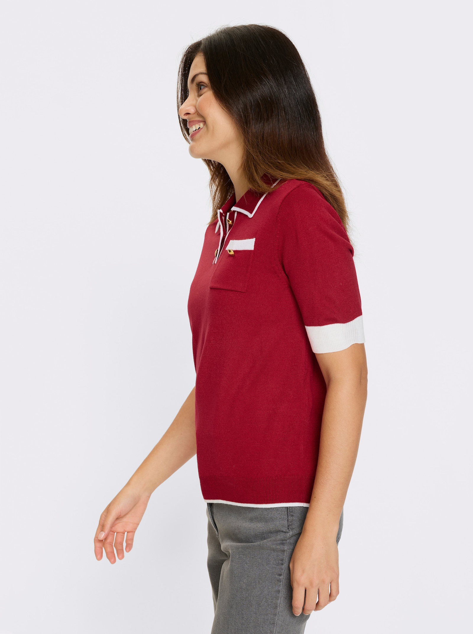 Kurzarmpullover mit Polokragen - rot-weiß