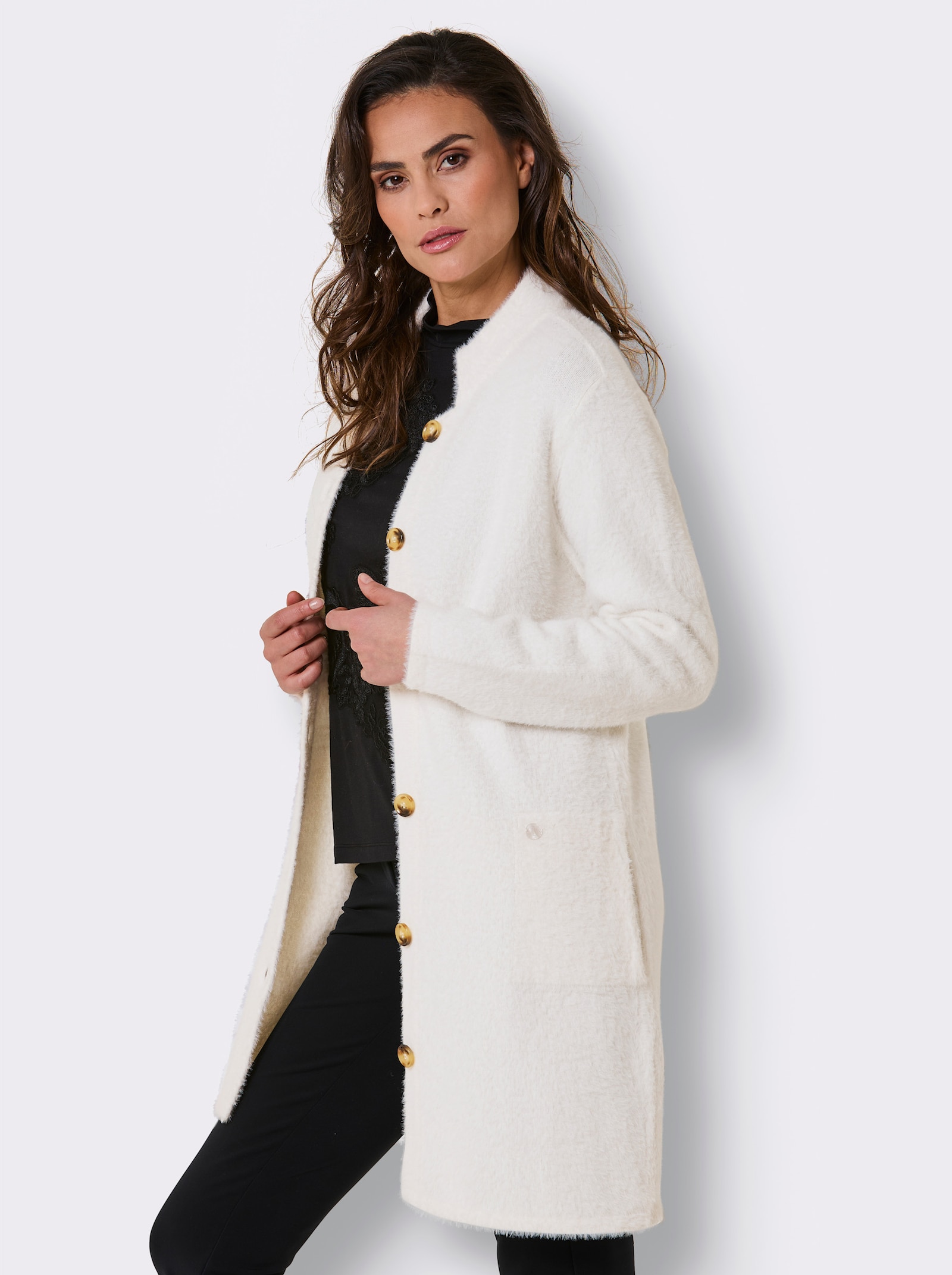 CREATION L PREMIUM Longstrickjacke aus Flauschgarn - ecru