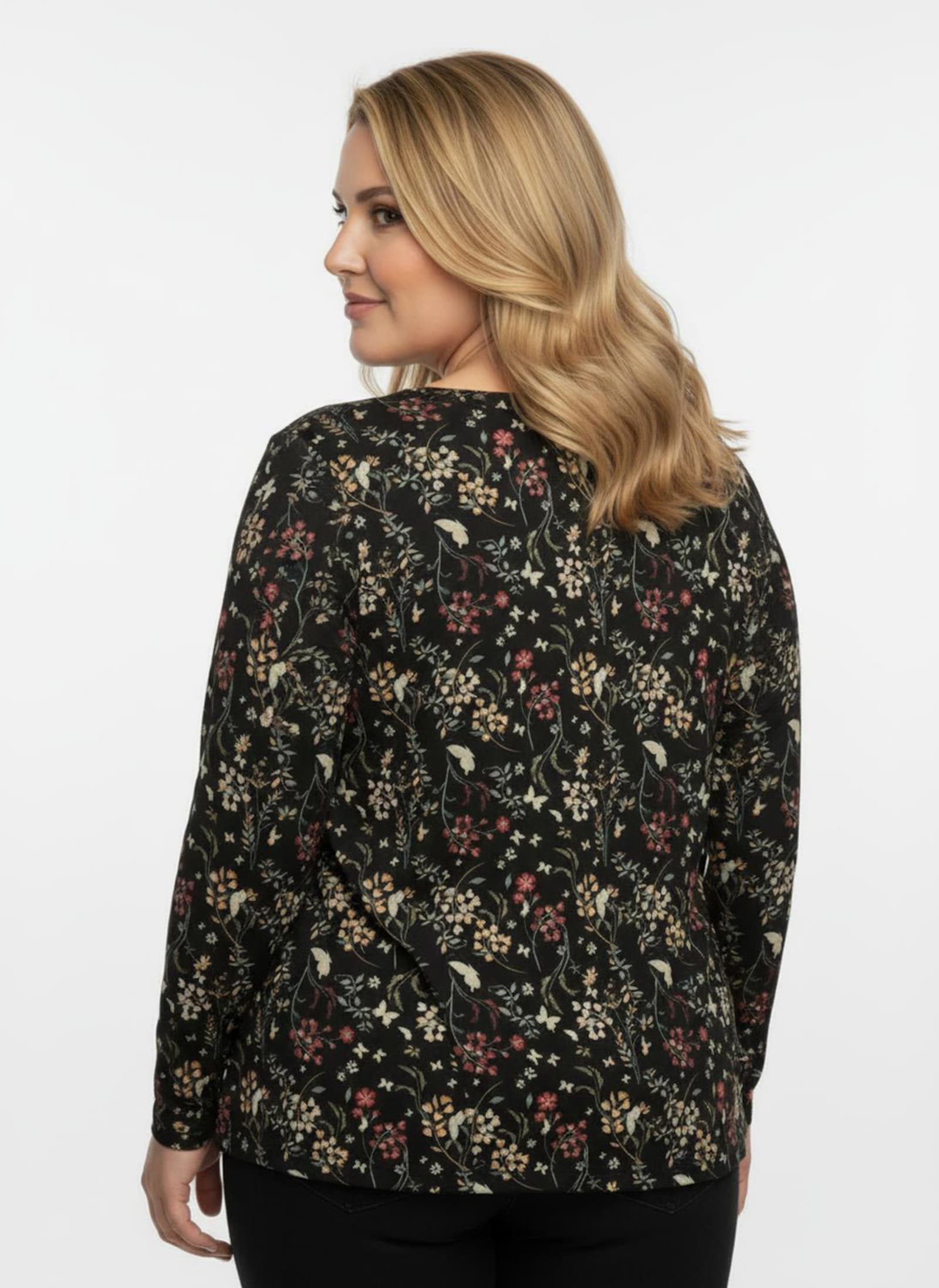 Tunikashirt mit floralem Druck - schwarz-ocker-bedruckt