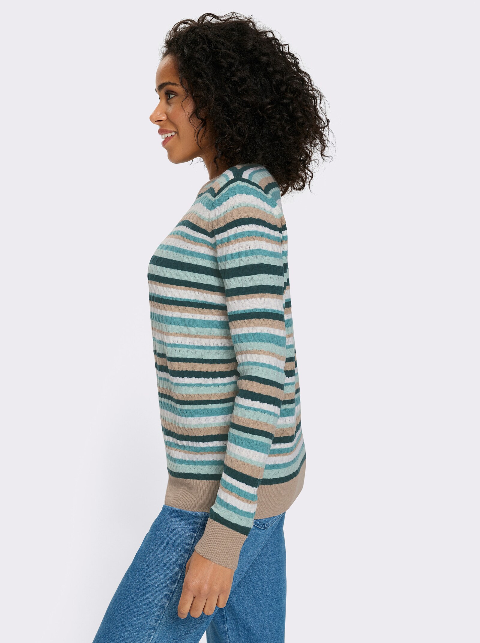 Rundhalspullover mit Zopfmuster im Ringel-Dessin - ozean-kalkmint-geringelt