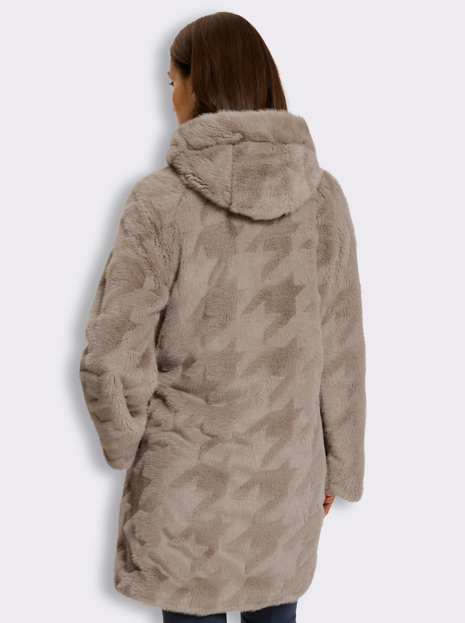 heine Fellimitatjacke mit Kapuze - sesam-gemustert