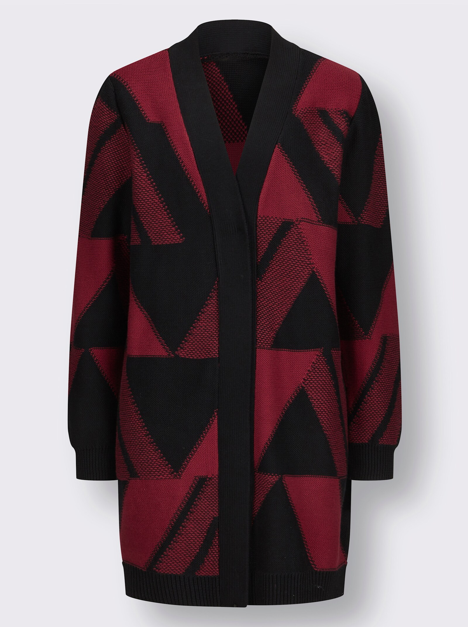 Gebreide mantel met jacquardpatroon, grafisch - donkerrood/zwart gedessineerd