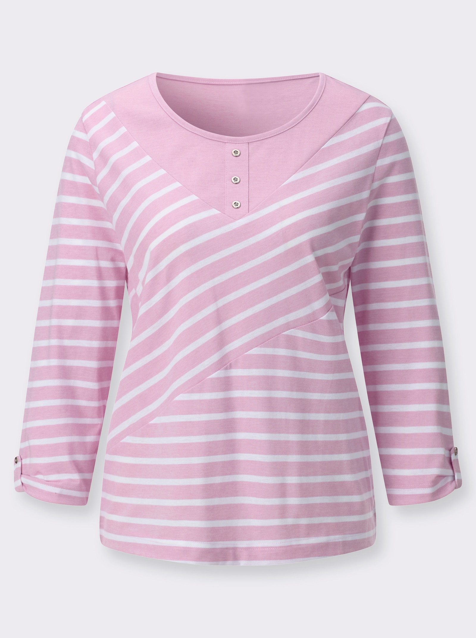 Ringelshirt mit Zierknöpfen - rosé-ecru-gemustert
