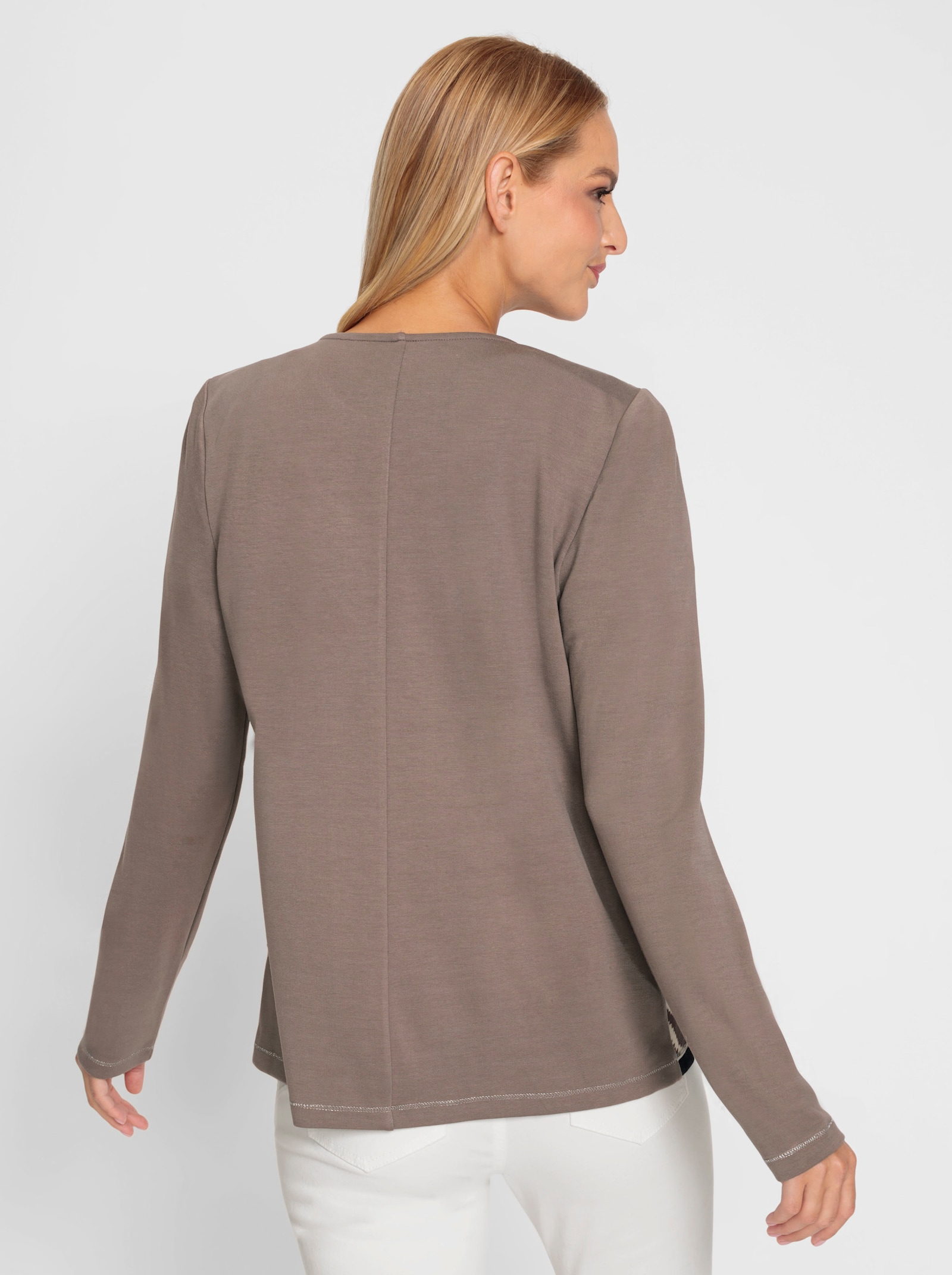 heine Shirtjacke mit Spitze und Pailletten - taupe-schwarz-bedruckt