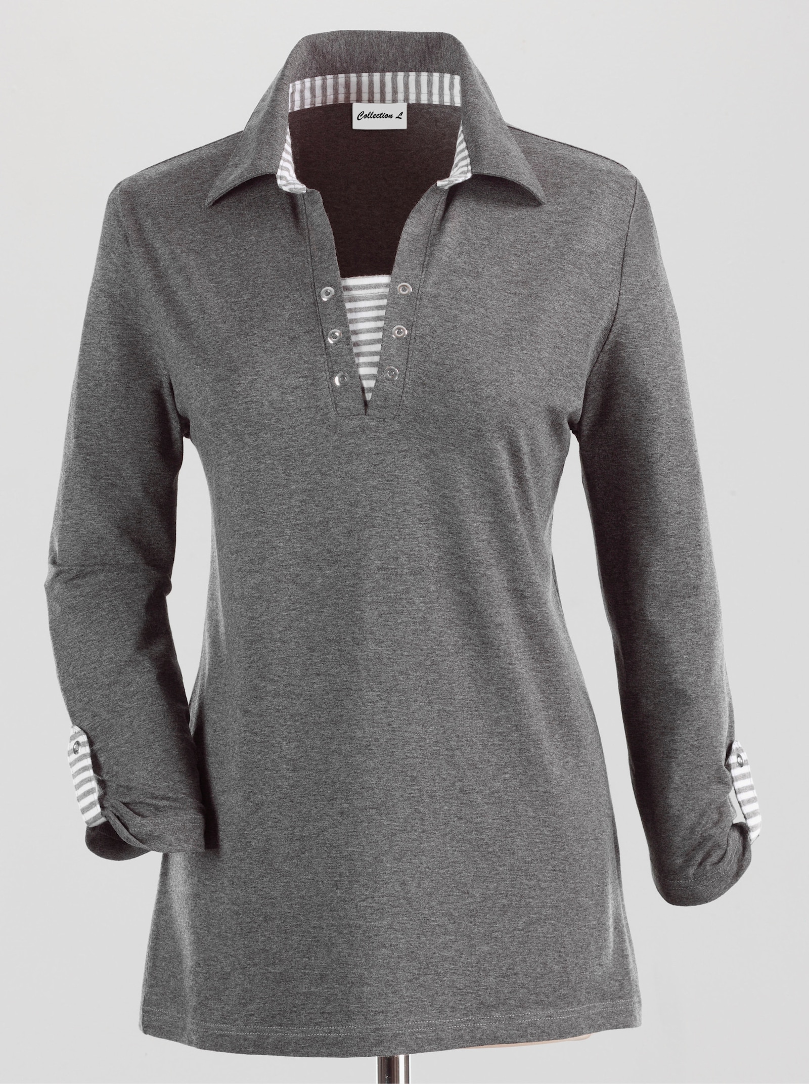 Tričko s 3/4 rukávem a vzhledem 2 v 1 - šedá-melír