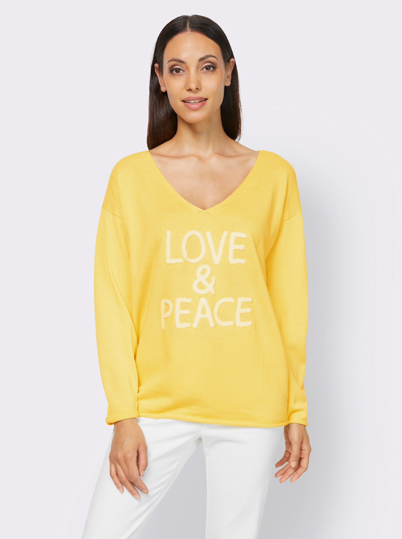 heine Pullover met V-hals en met opschrift van pluisgaren - citroen bedrukt