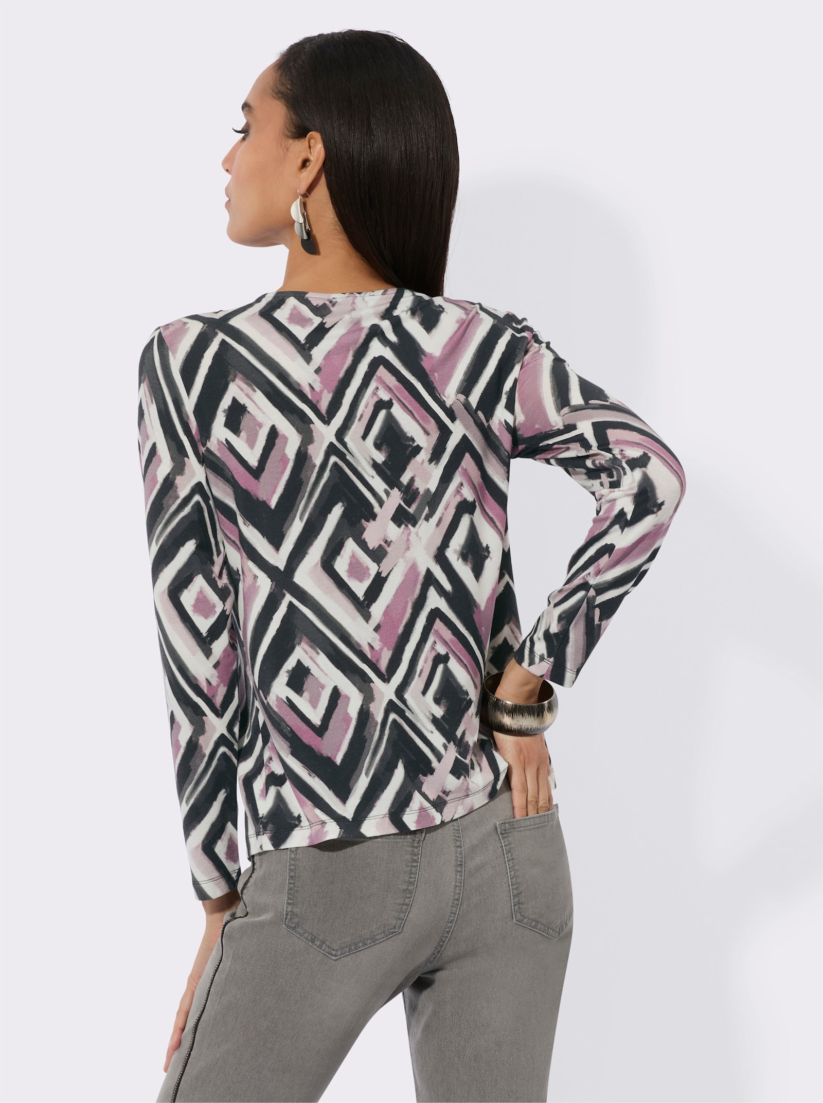 Langarmshirt mit Reißverschluss - ecru-graphit-bedruckt