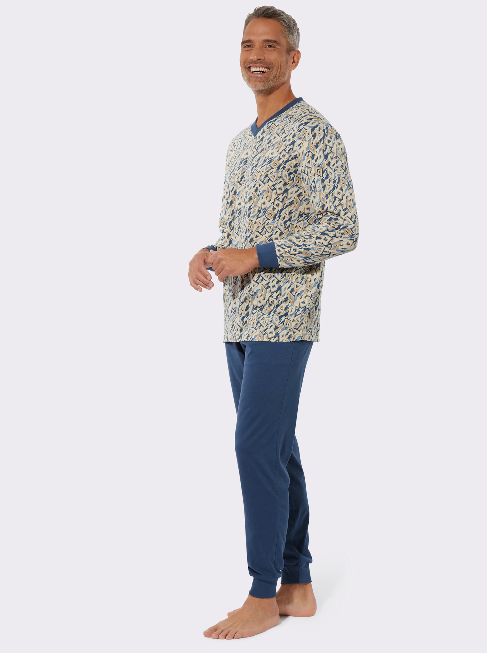 Pyjama met elastische ribboordjes - zand/jeansblauw bedrukt