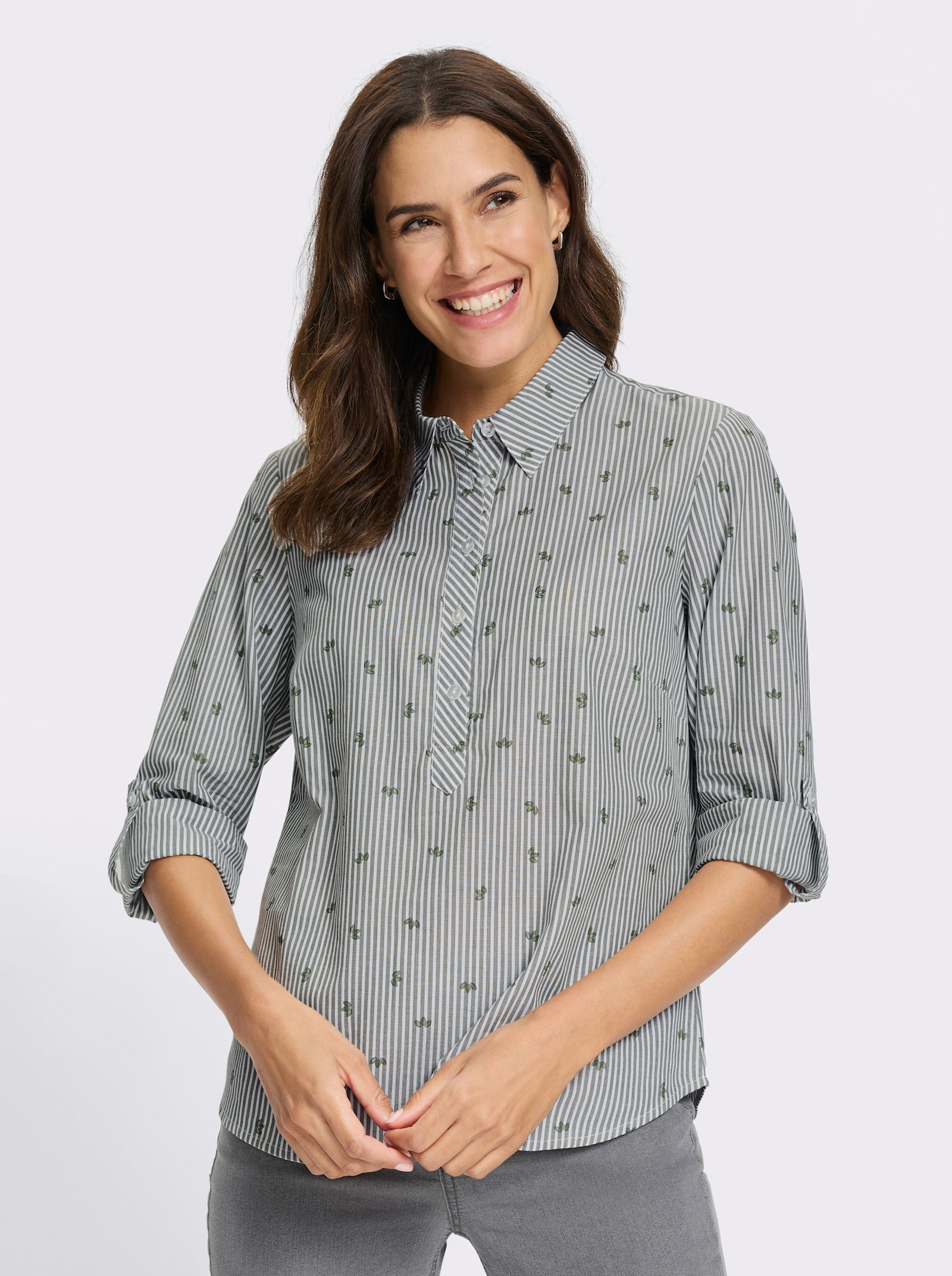 Baumwollbluse mit Krempel-Ärmeln - khaki-gestreift