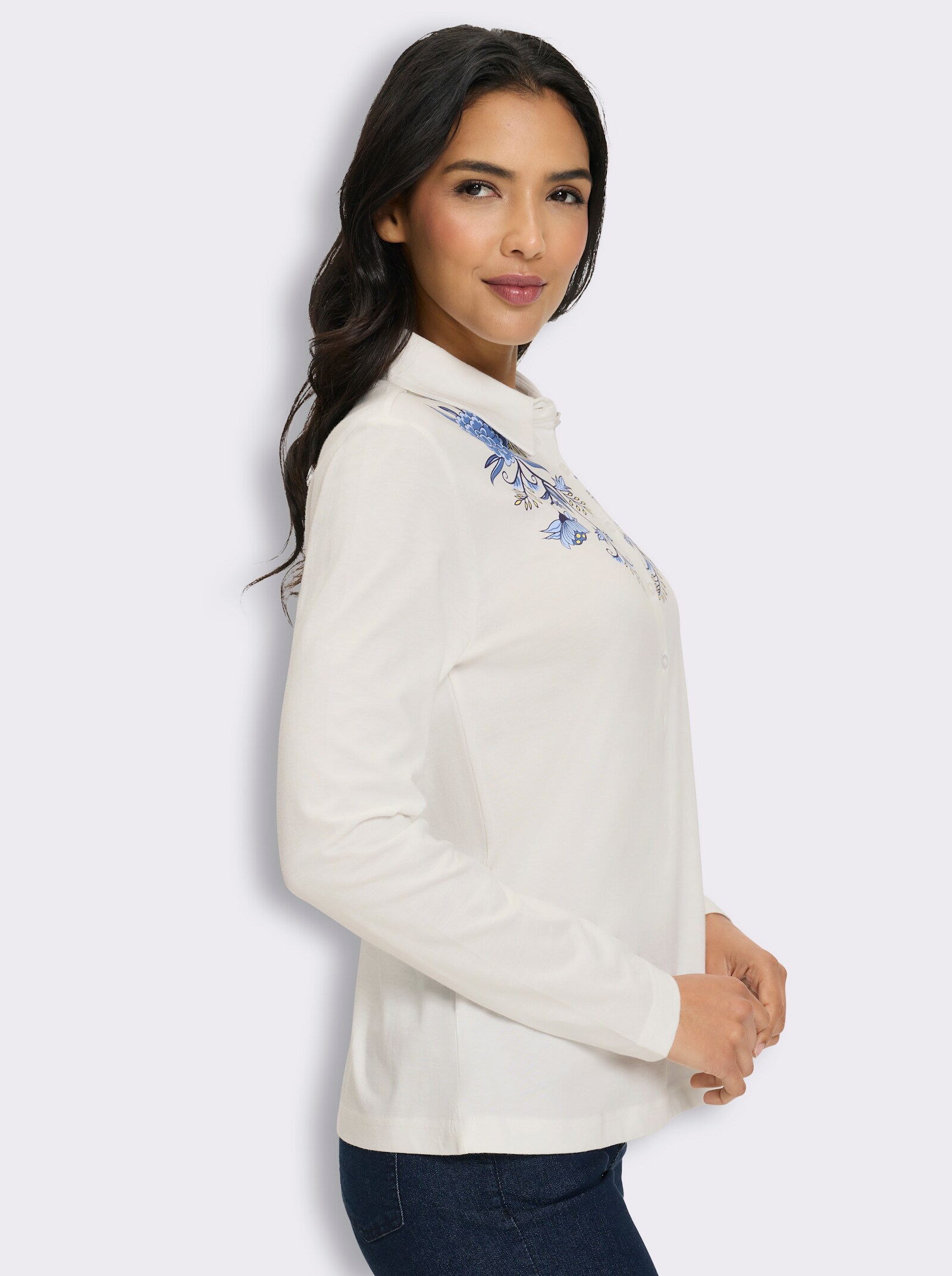 Poloshirt mit kurzer Knopleiste - ecru-jeansblau-bedruckt