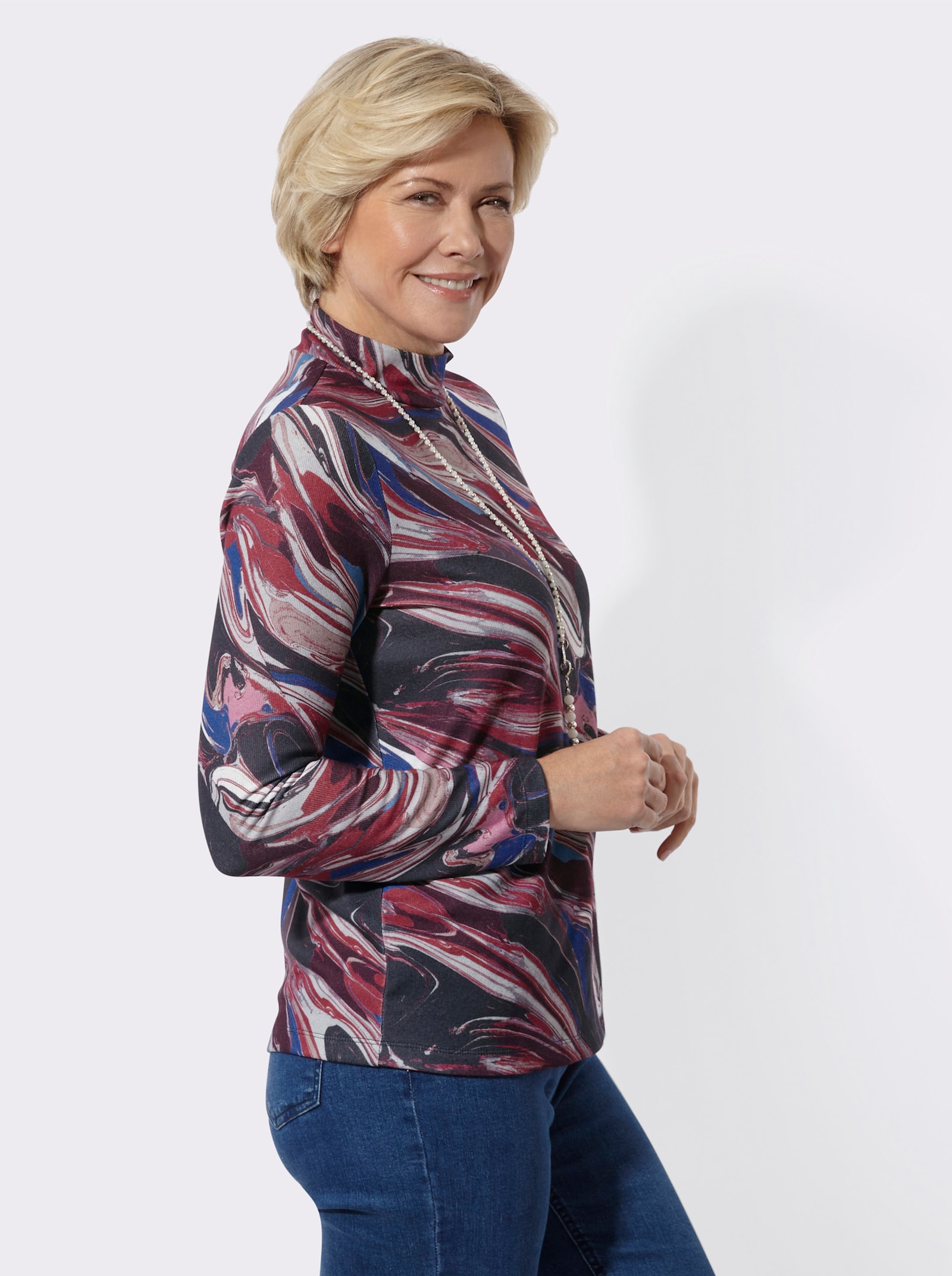 Stehkragenshirt innen weich angeraut - graphit-kirsche-gemustert