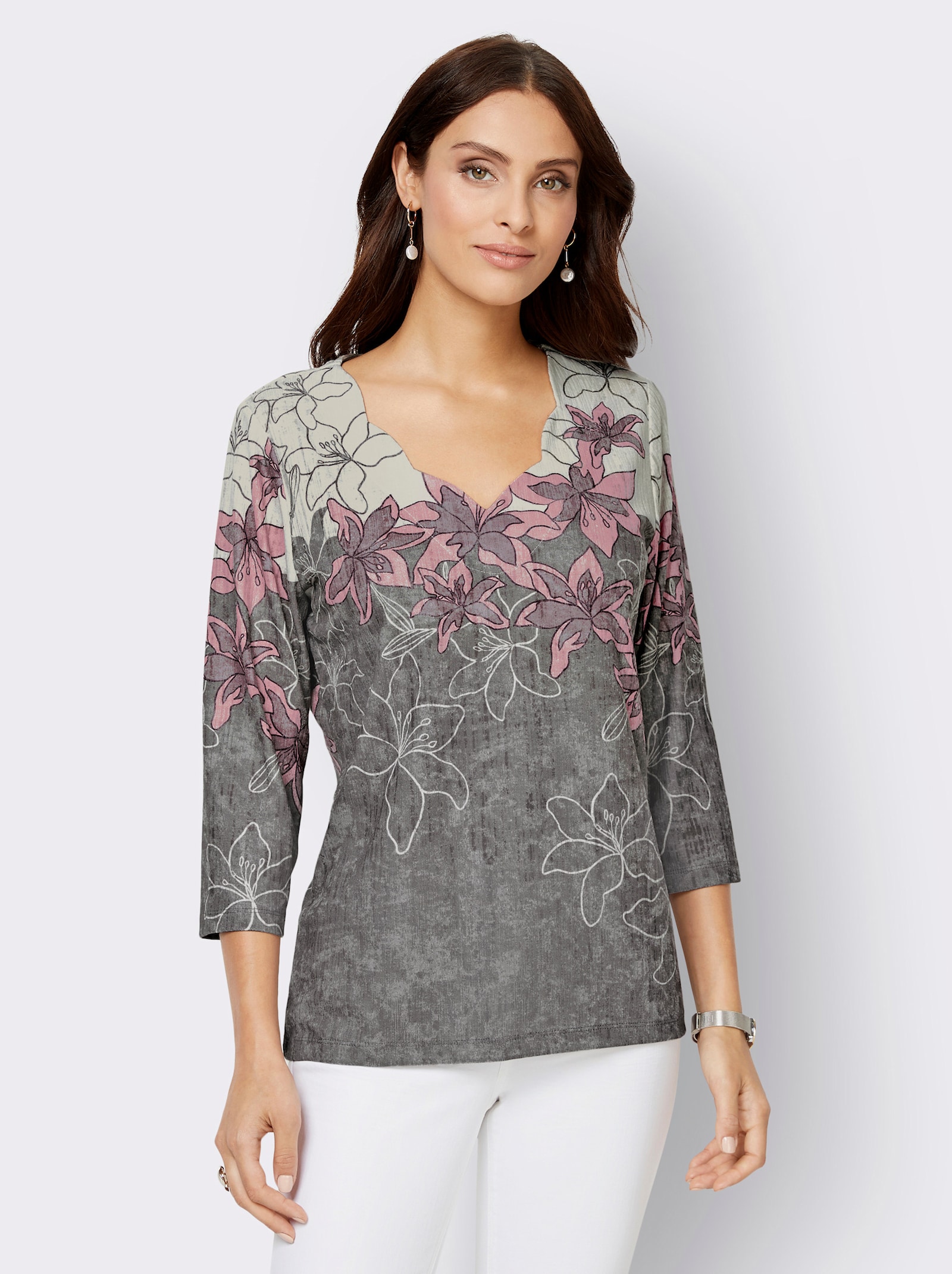 Print-Shirt mit gebogtem Ausschnitt - steingrau-mauve-bedruckt