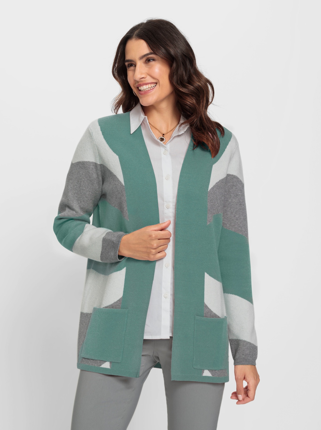 Jacquardstrickjacke - jade-steingrau-gemustert