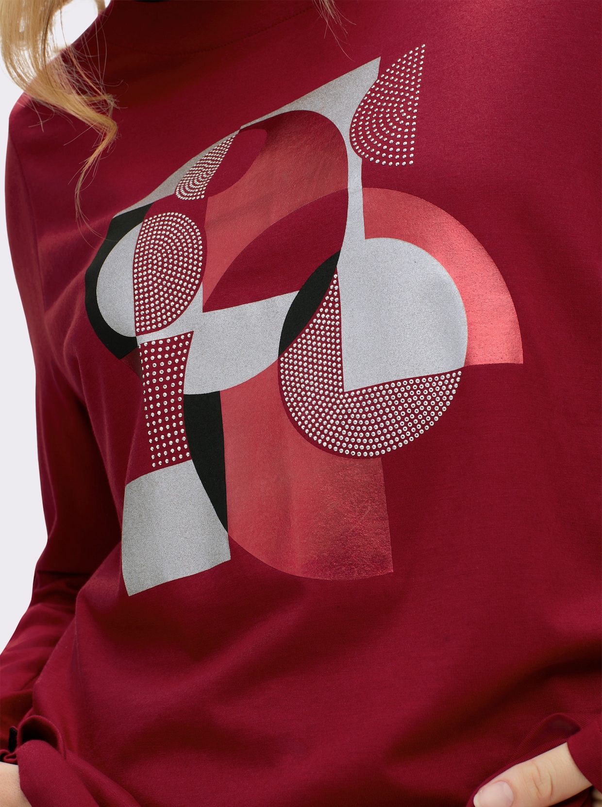 sheego Langarmshirt mit Grafikprint und Glitzersteinchen - kirsche-silberfarben-bedruckt