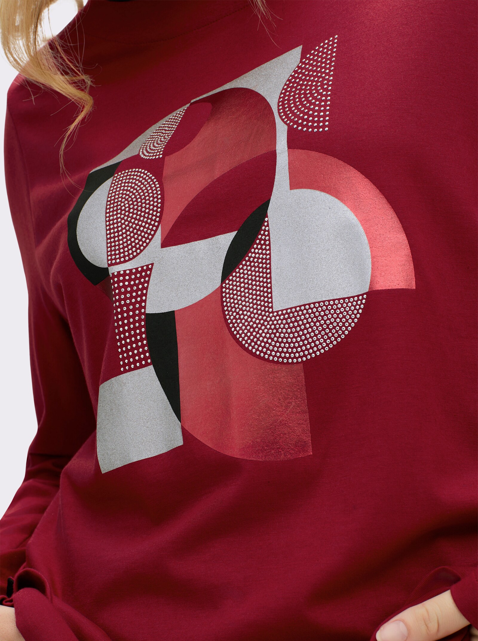 sheego Langarmshirt mit Grafikprint und Glitzersteinchen - kirsche-silberfarben-bedruckt