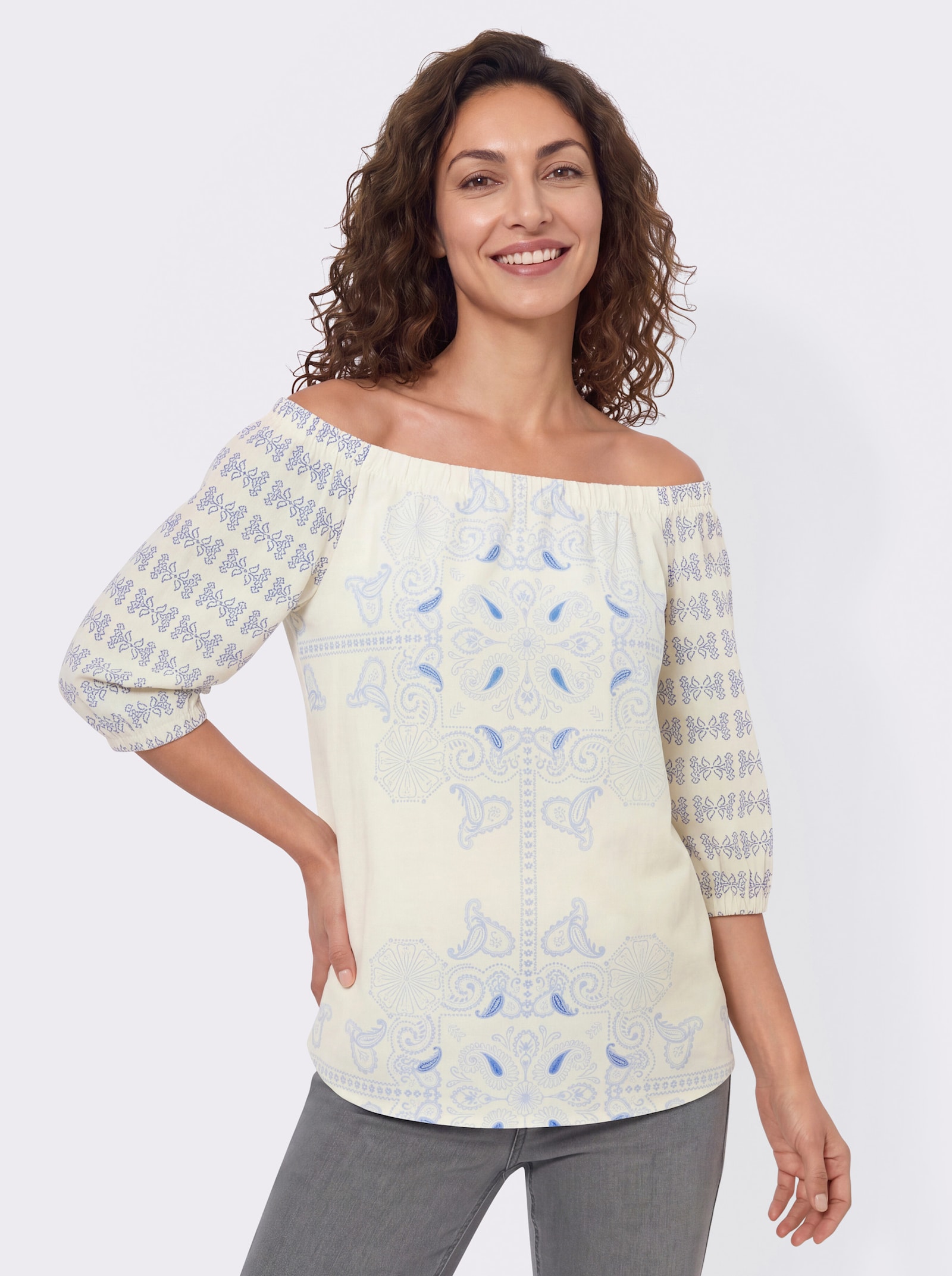Print-Shirt mit Carmen-Ausschnitt - mittelblau-champagner-bedruckt