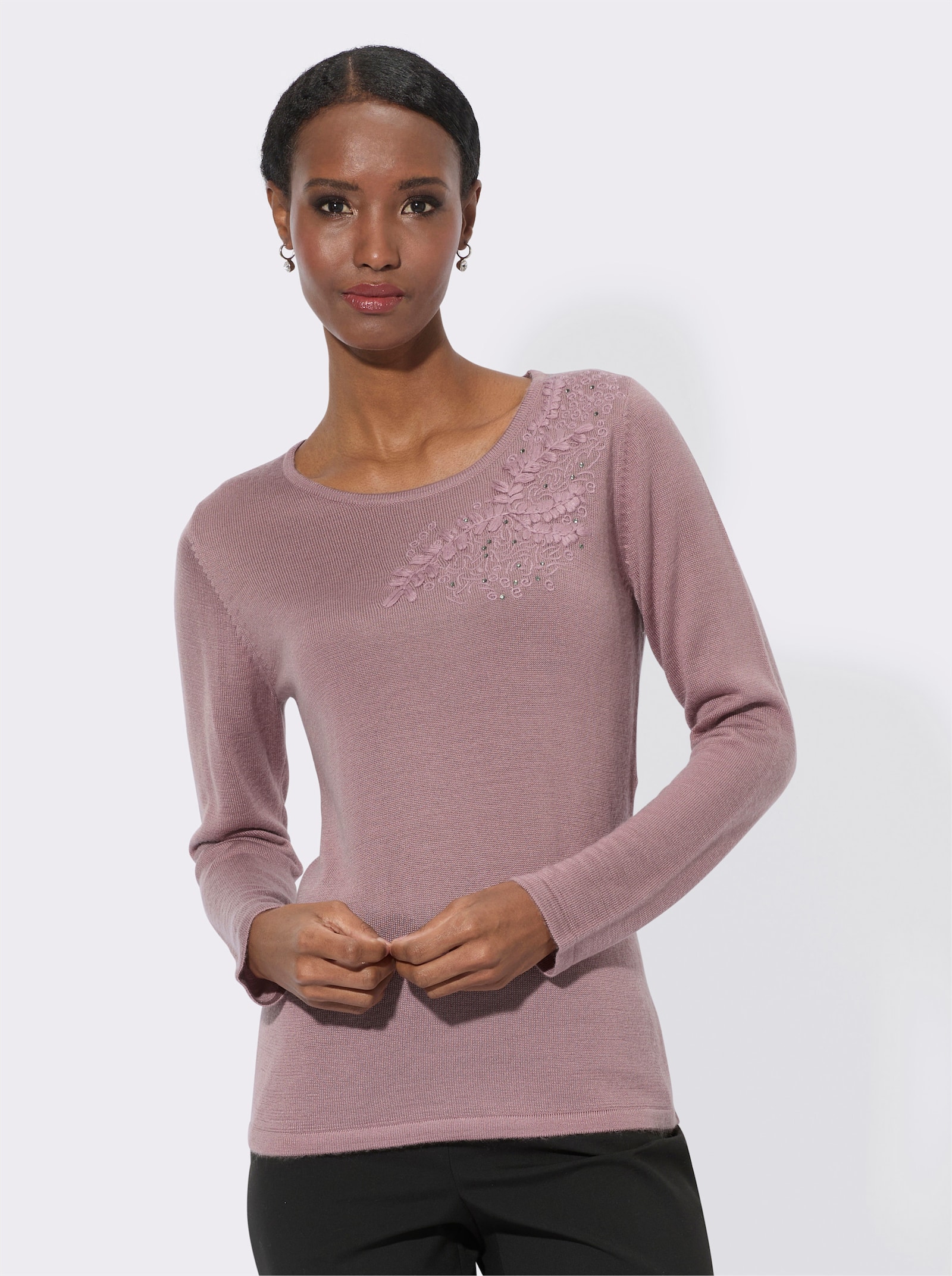 Rundhalspullover mit Schurwoll-Anteil - mauve