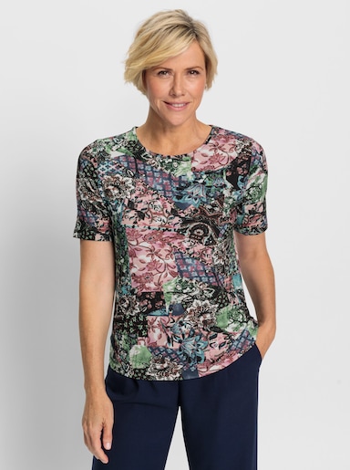 Rundhalsshirt in schimmernder Viskose-Qualität - schwarz-orchidee-bedruckt