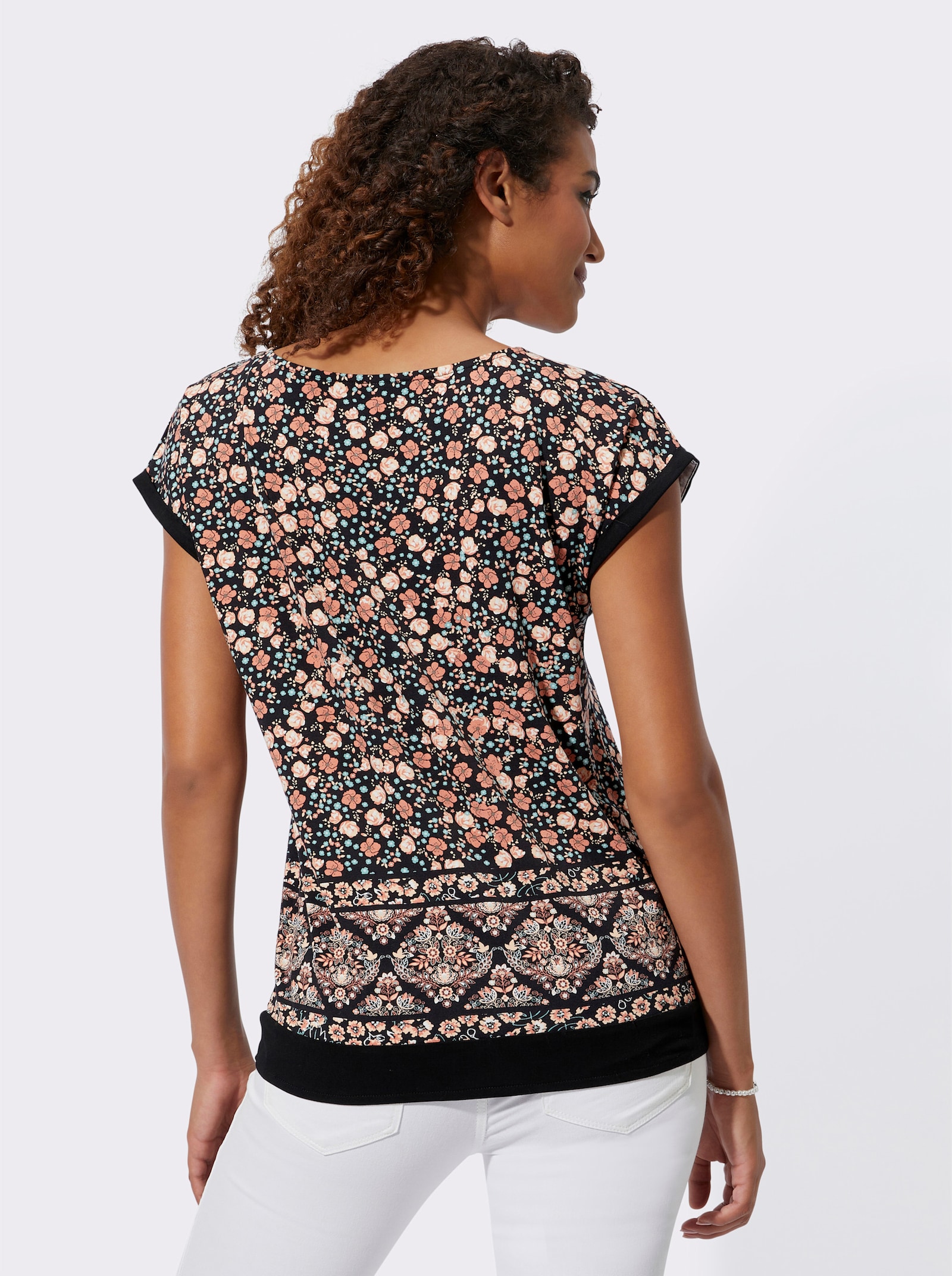 Kurzarmshirt mit Bindeband am Saum - papaya-schwarz-bedruckt