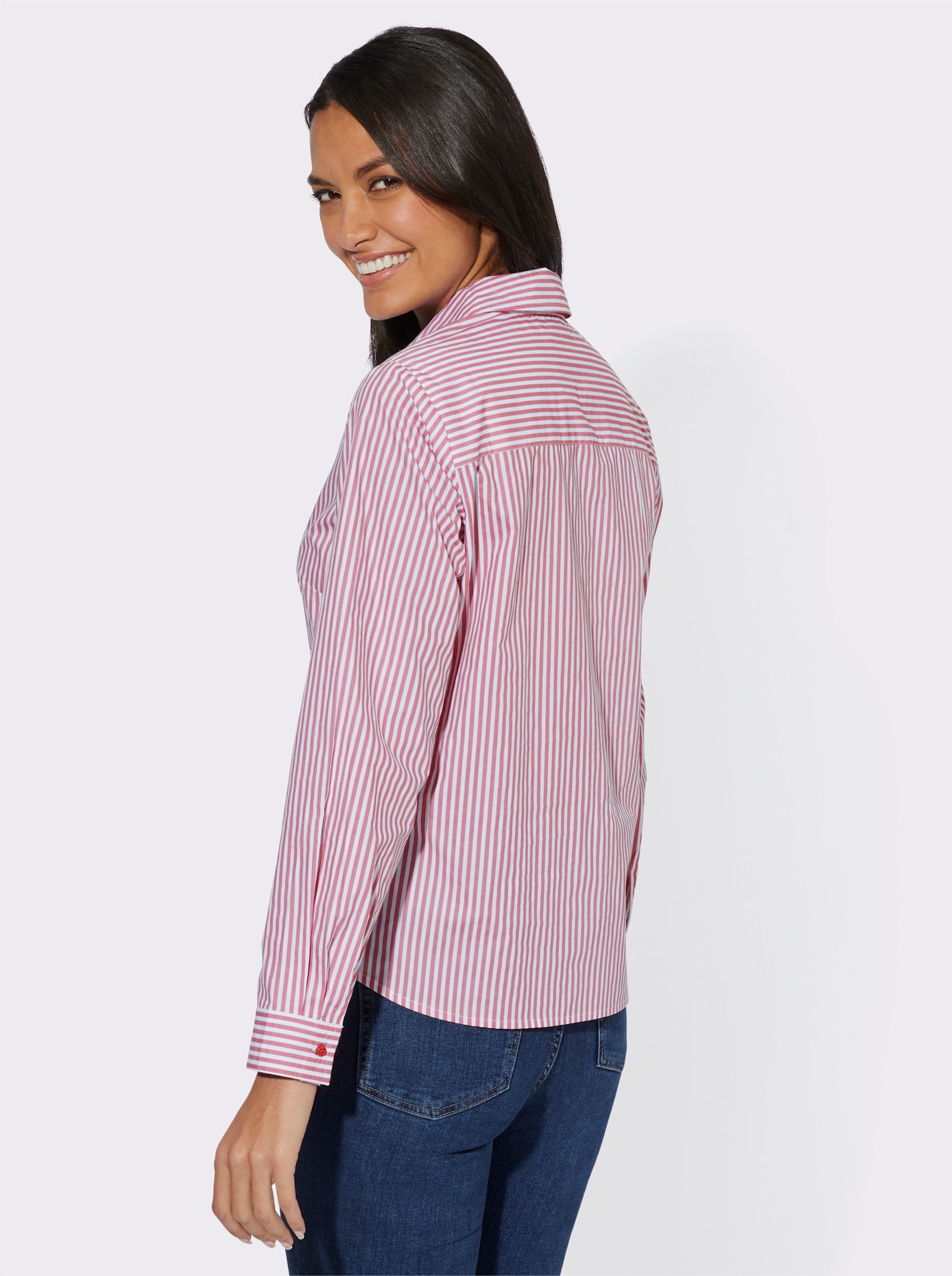 Katoenen blouse met zijsplitten, gestreept - oudroze gestreept