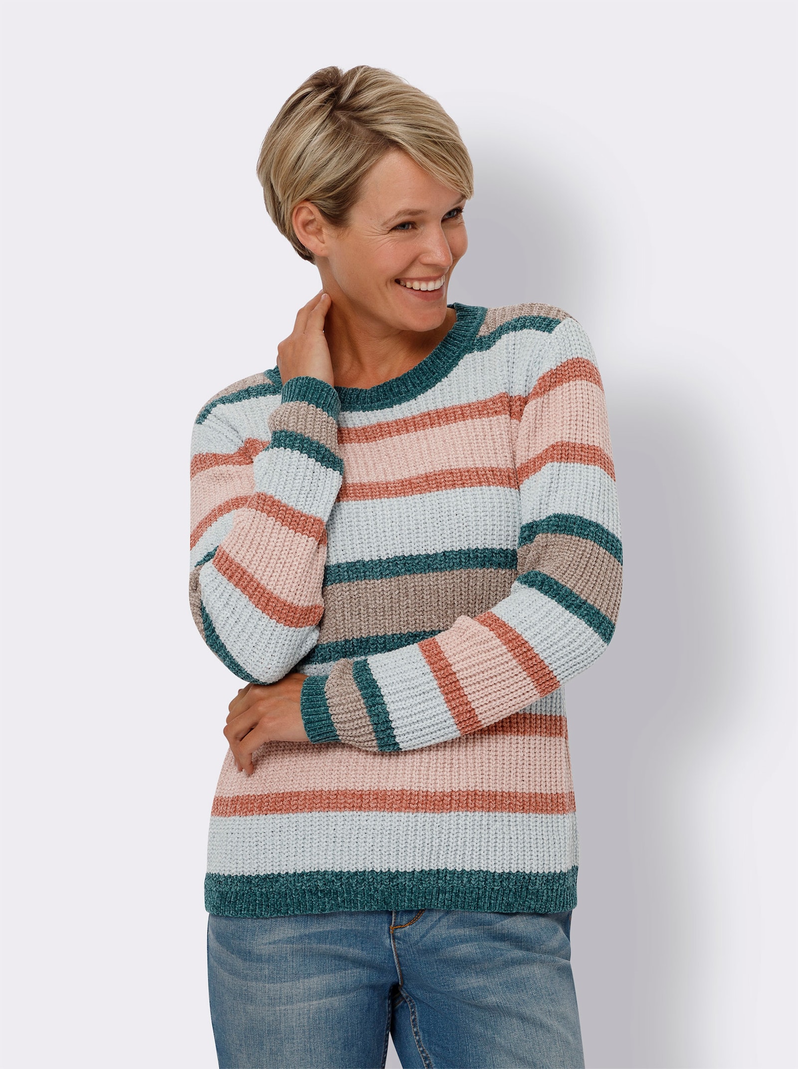 Rundhalspullover im Ringelmuster - kalkmint-rosenholz-geringelt