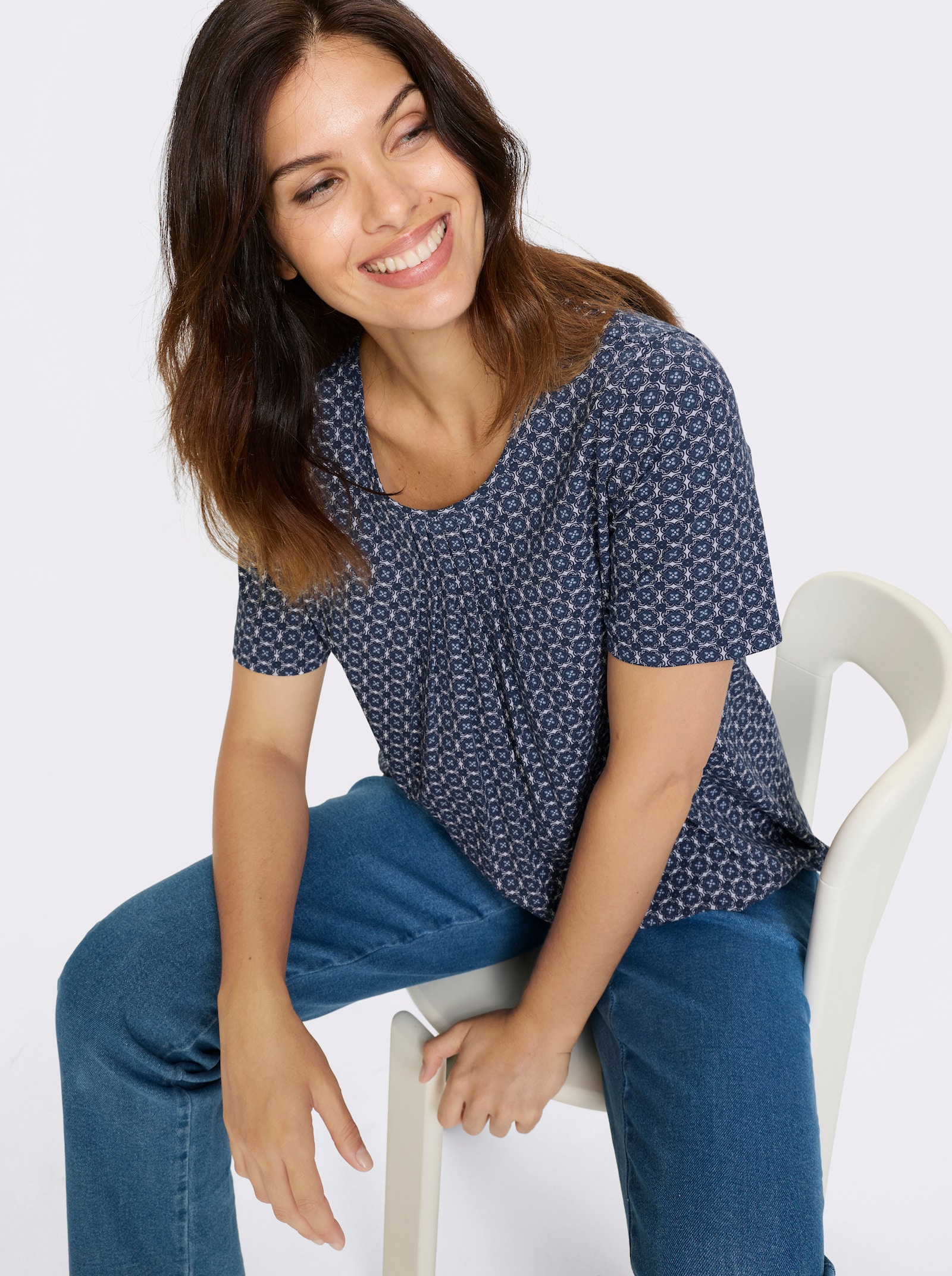 Tričko, krátke rukávy, zámiky - Tmavomodro-biela potlač