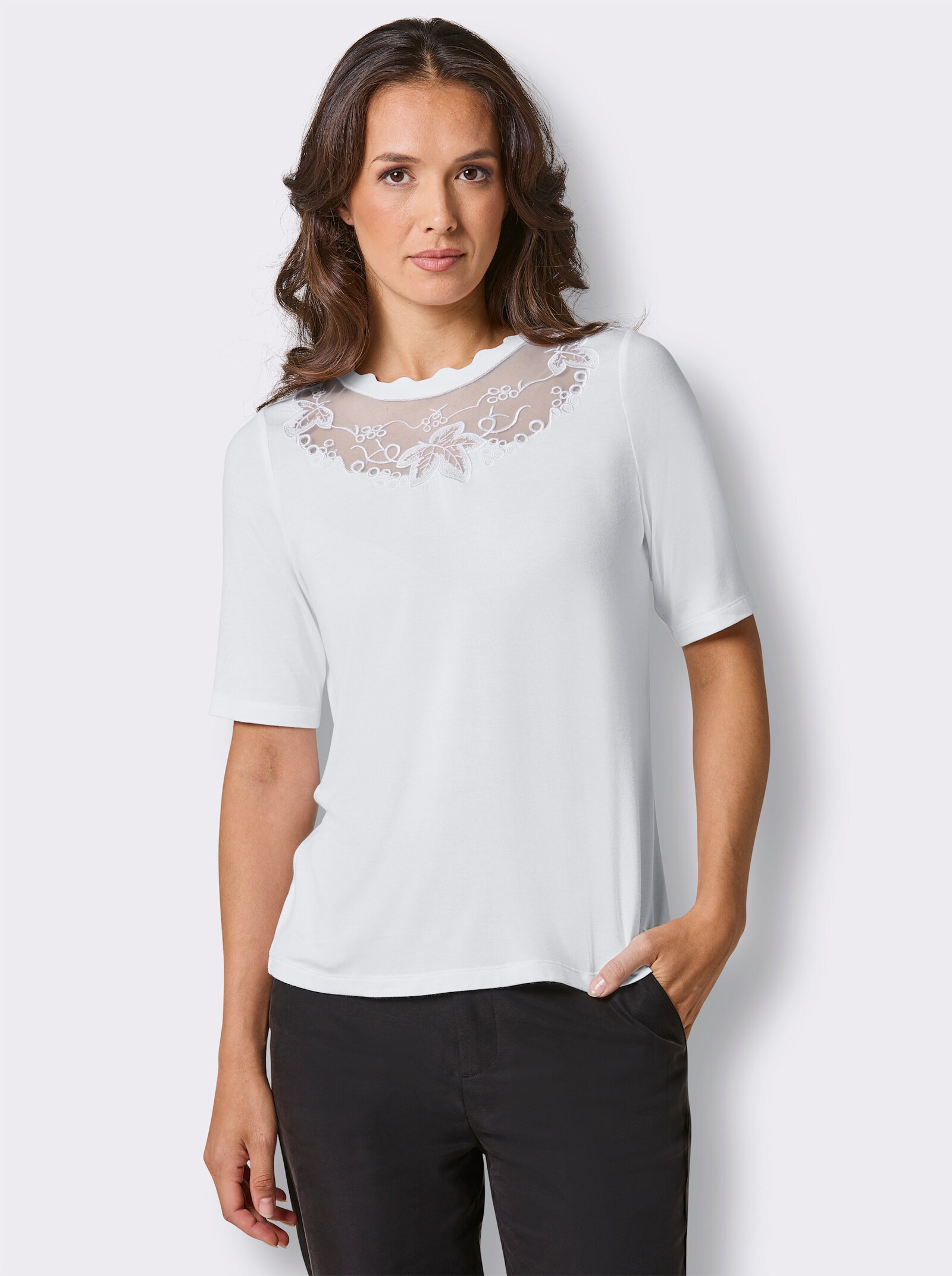 CREATION L PREMIUM Kurzarmshirt mit besticktem Mesh-Einsatz - weiß