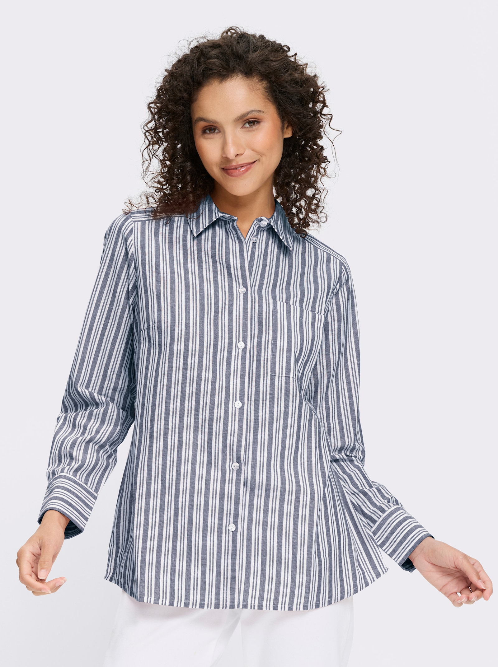 heine Gestreifte Bluse mit Leinen-Anteil - ecru-jeansblau-gestreift