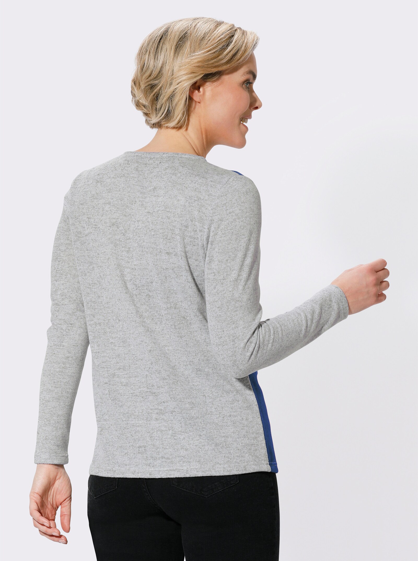 Shirt met lange mouwen van licht geruwde stof - grijs/koningsblauw gedessineerd