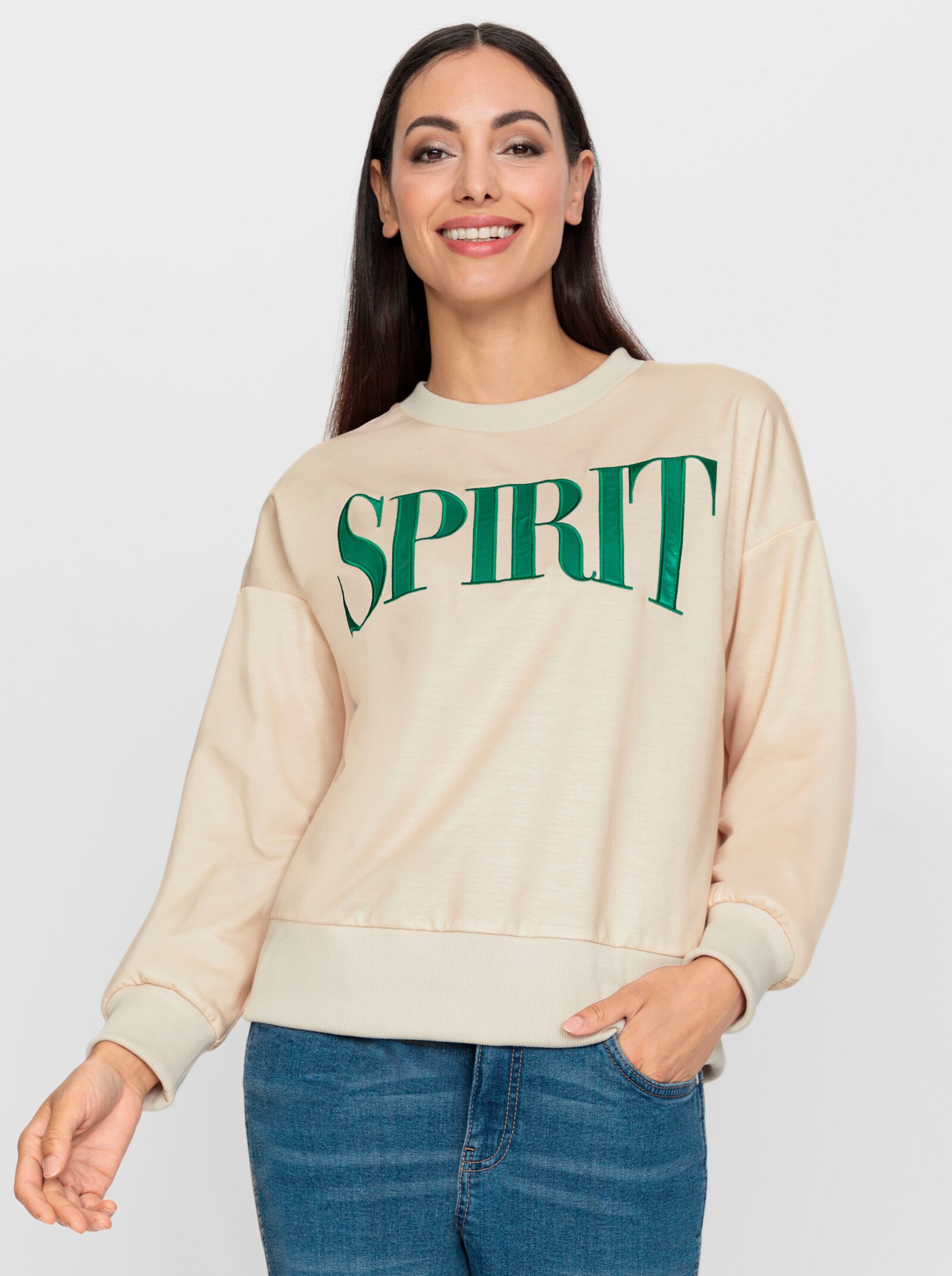 heine Sweatshirt mit Schriftzug in Satin-Optik - elfenbein