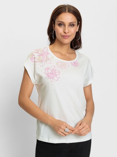 Rundhalsshirt mit Blüten-Druck - ecru-rosé-bedruckt